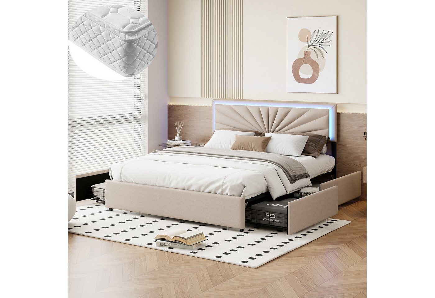 NMonet Polsterbett Doppelbett Erwachsenen Jugendbett mit 4 Schublade (Latte günstig online kaufen