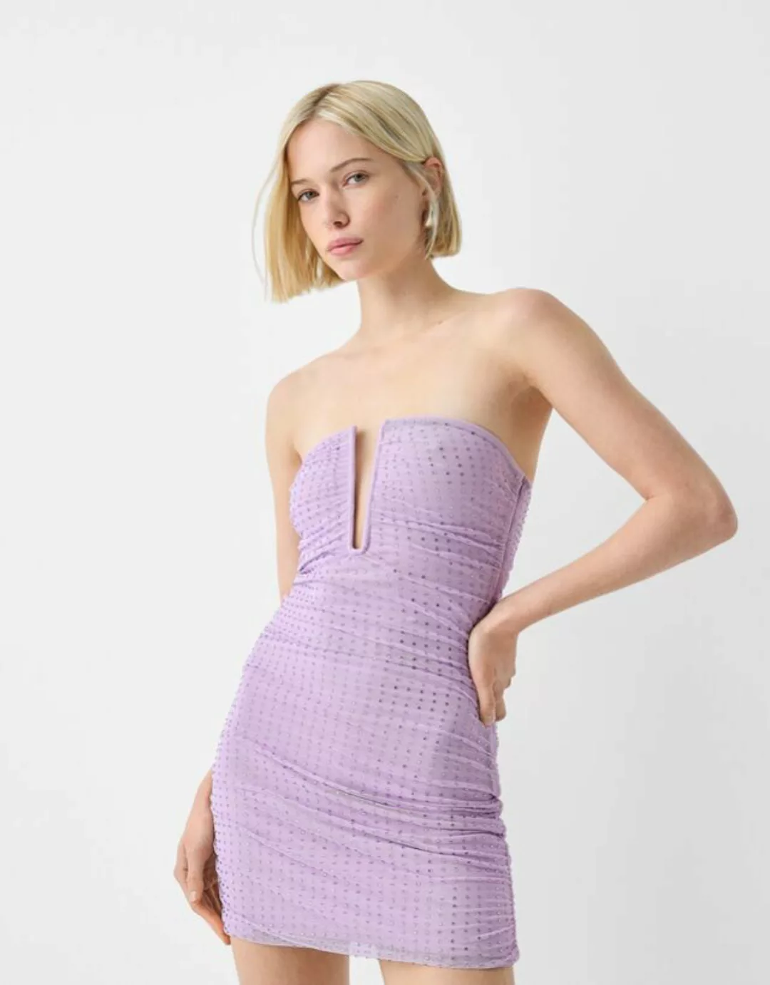 Bershka Minikleid Aus Mesh Mit Raffung Damen L Violett günstig online kaufen