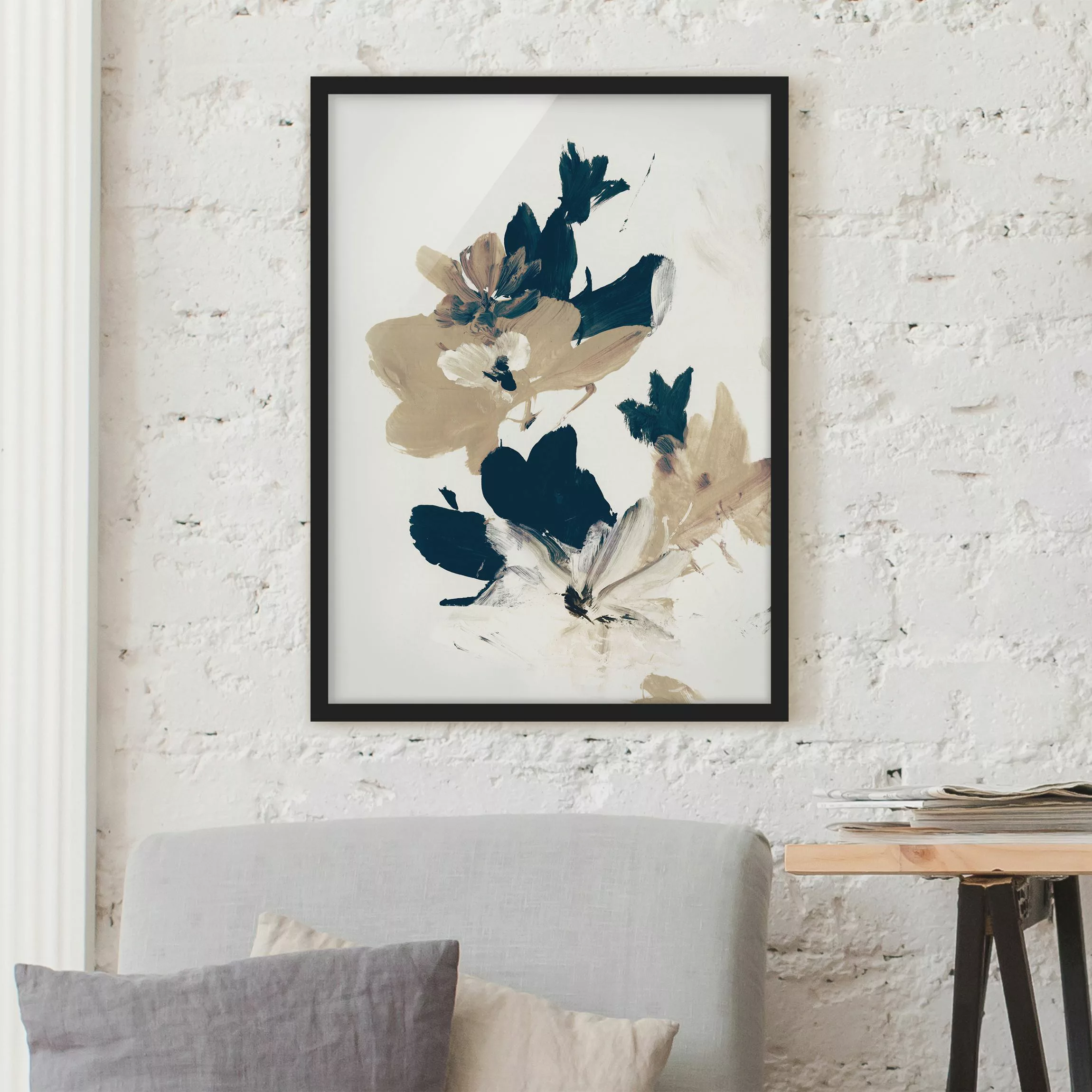 Bild mit Rahmen Blau Beige Blüten in Acryl günstig online kaufen