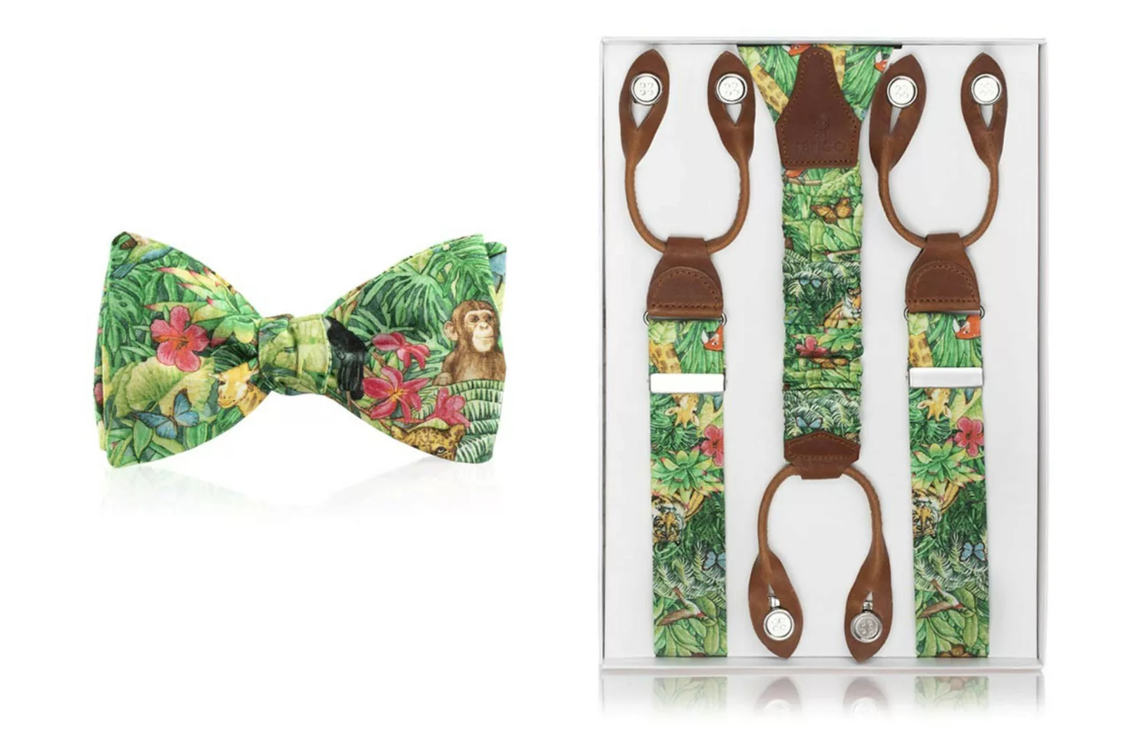 "Giungla", grünes Fliege + Hosenträger Set mit Dschungel Motiv günstig online kaufen