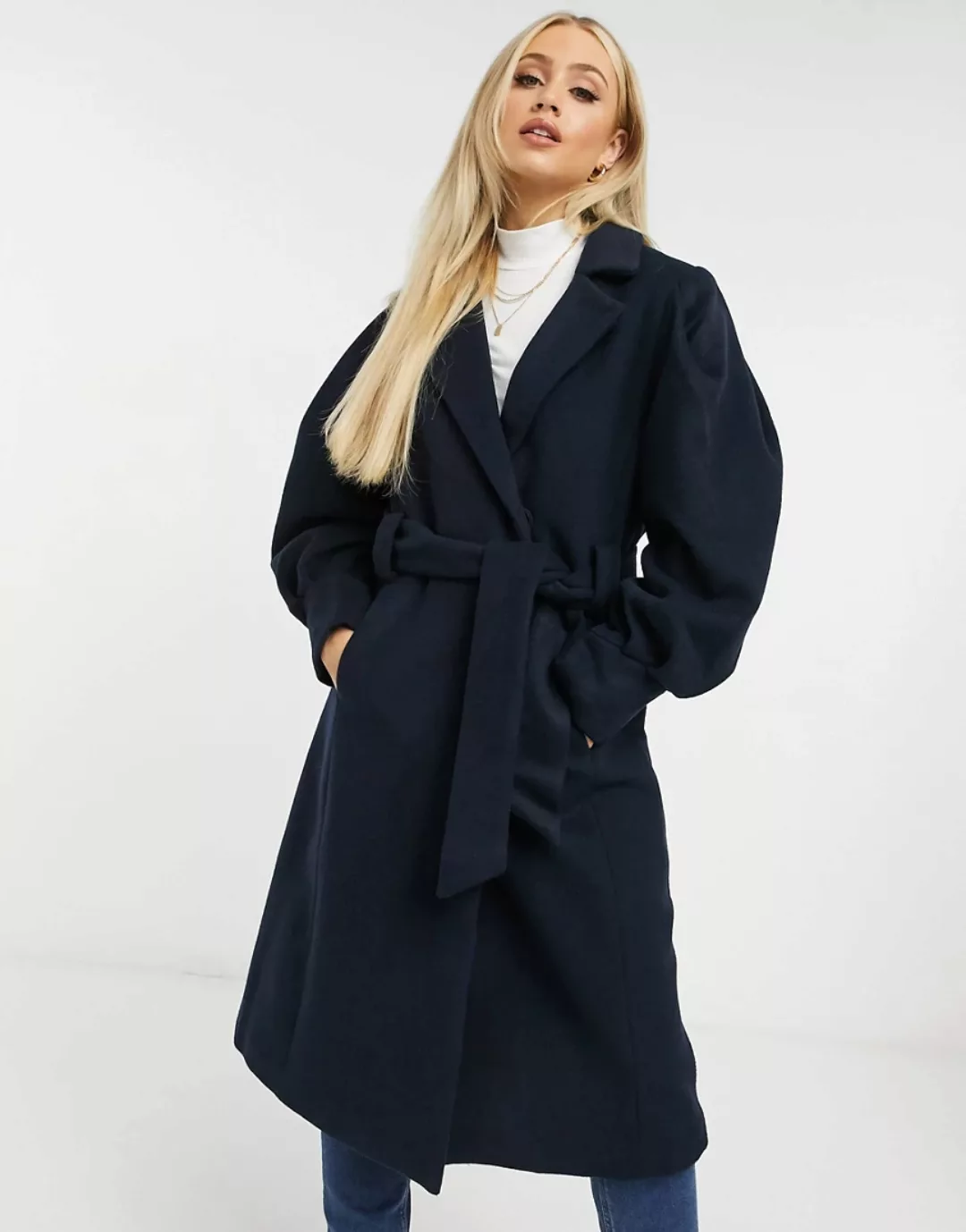 Y.A.S – Mantel aus Wolle mit Taillenschnürung in Marine-Marineblau günstig online kaufen