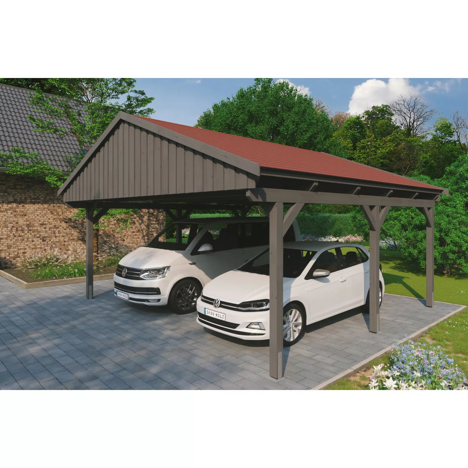 Skan Holz Carport Fichtelberg 618 cm x 566 cm Rote Schindeln Schiefergrau günstig online kaufen