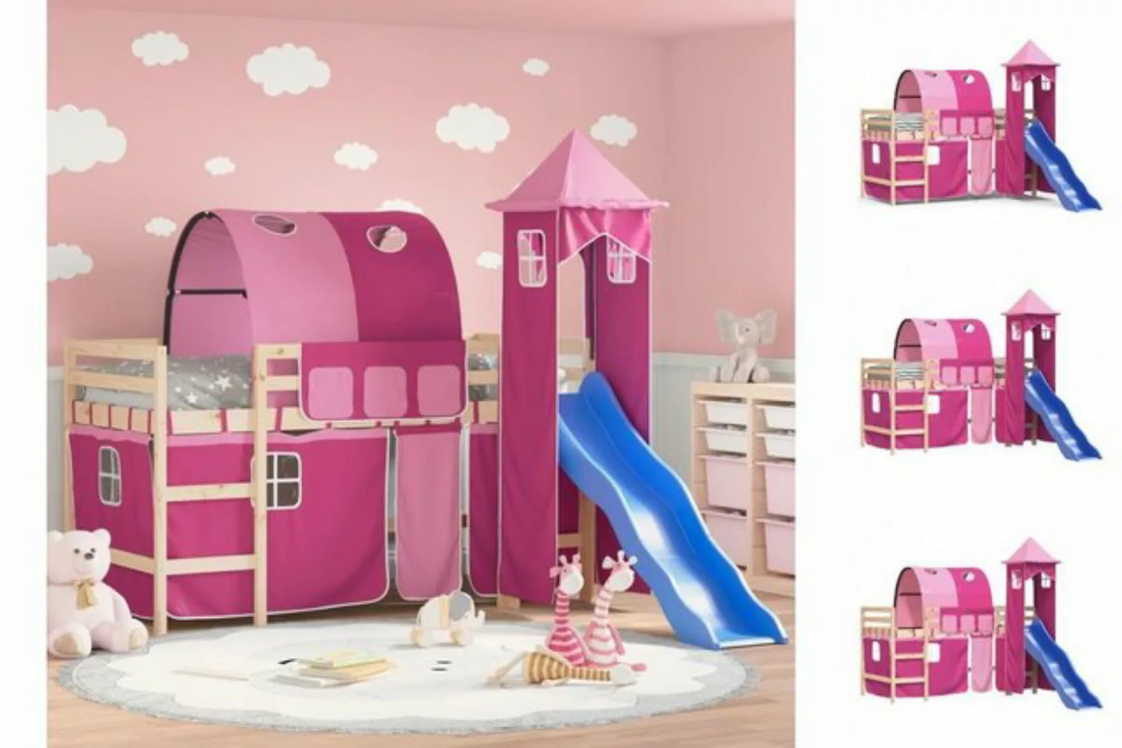 vidaXL Kinderbett Kinderhochbett mit Turm Rosa 90x200 cm Massivholz Kiefer günstig online kaufen