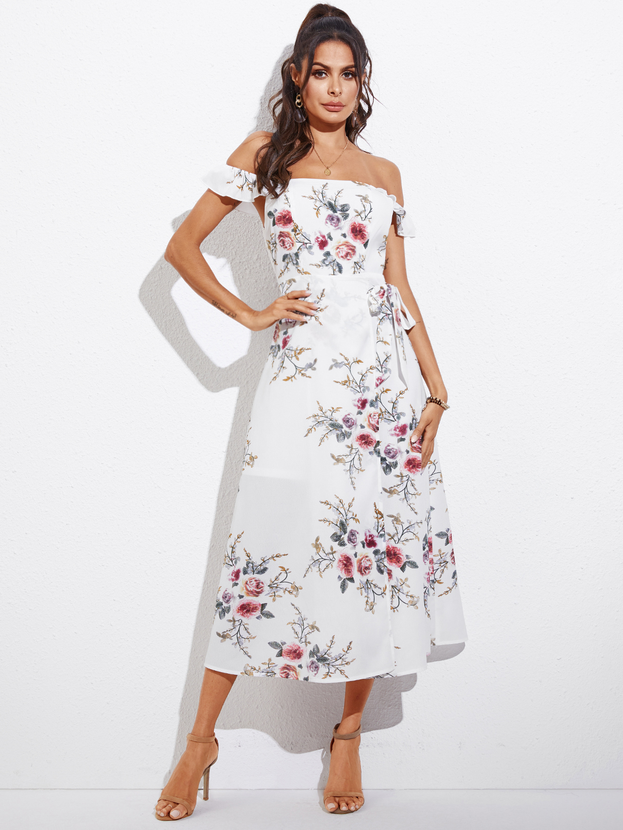 YOINS Weiß Random Floral Belted Split Design Off-the-Shoulder Kleid günstig online kaufen