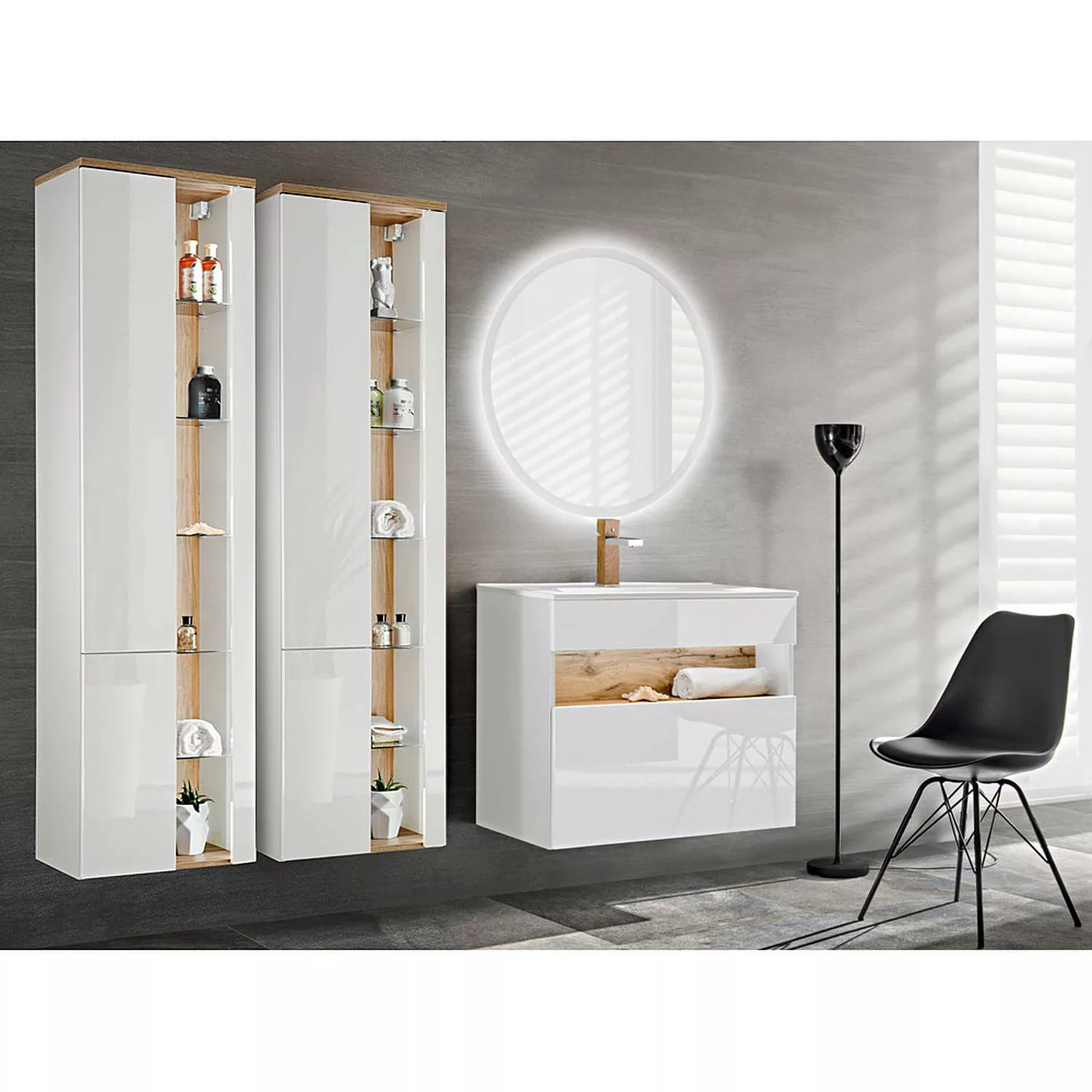 Badezimmer Set mit Keramik-Waschtisch inkl LED BERMUDA-56 in Weiß-Hochglanz günstig online kaufen