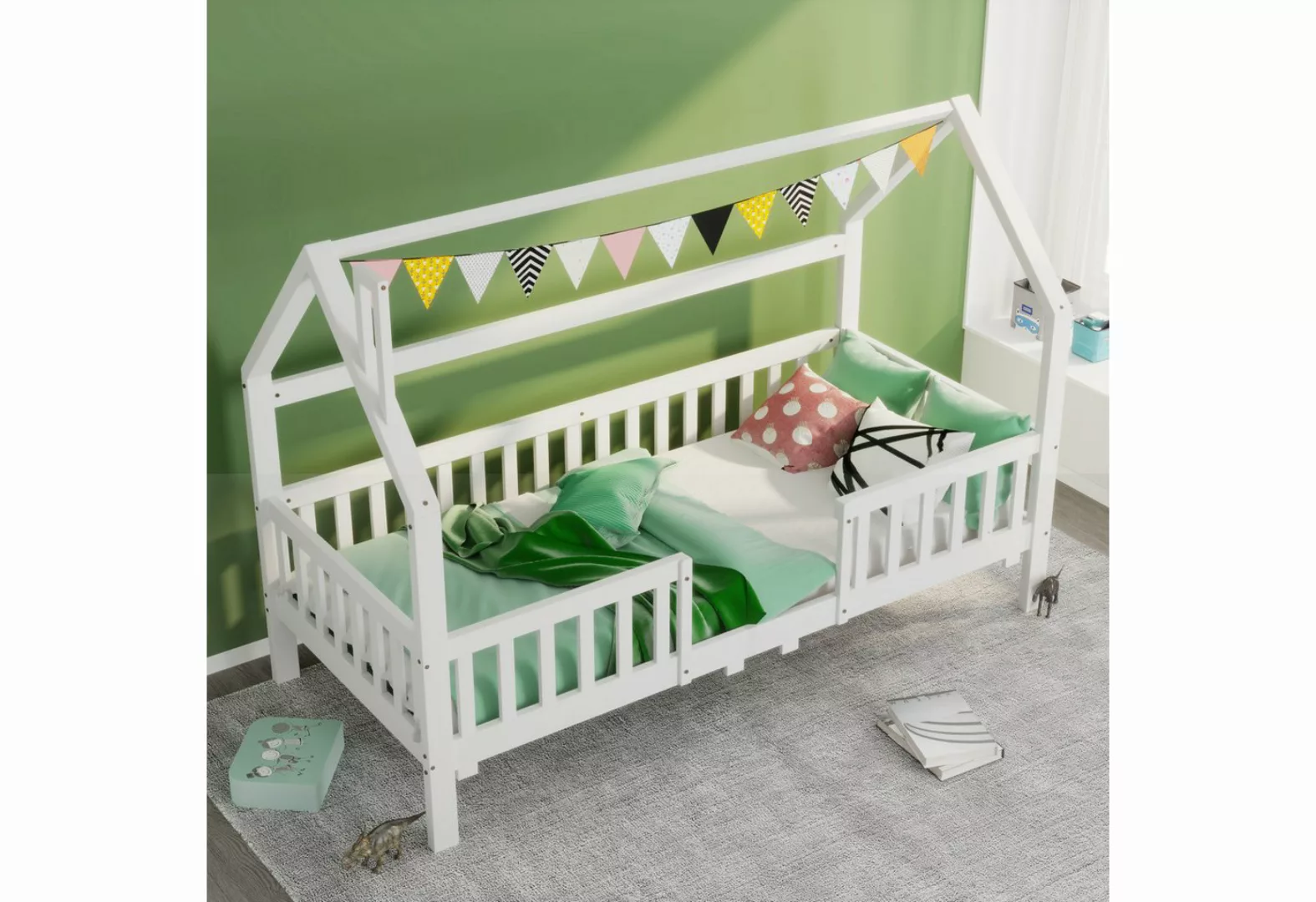 KoDise Kinderbett 90 x 200 Hausbett mit Dach und Zaun, Robuste Lattenroste, günstig online kaufen