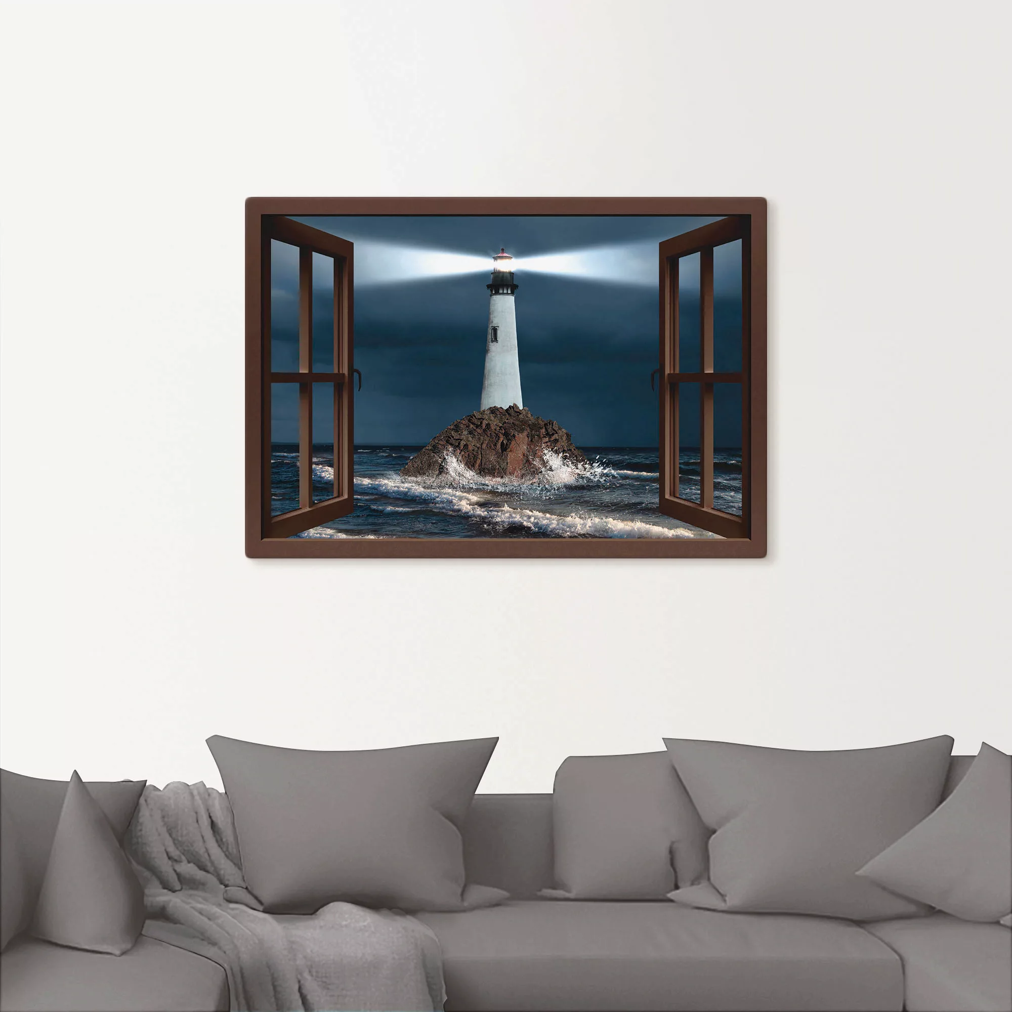 Artland Leinwandbild "Fensterblick Leuchtturm mit Lichtstrahl", Gebäude, (1 günstig online kaufen