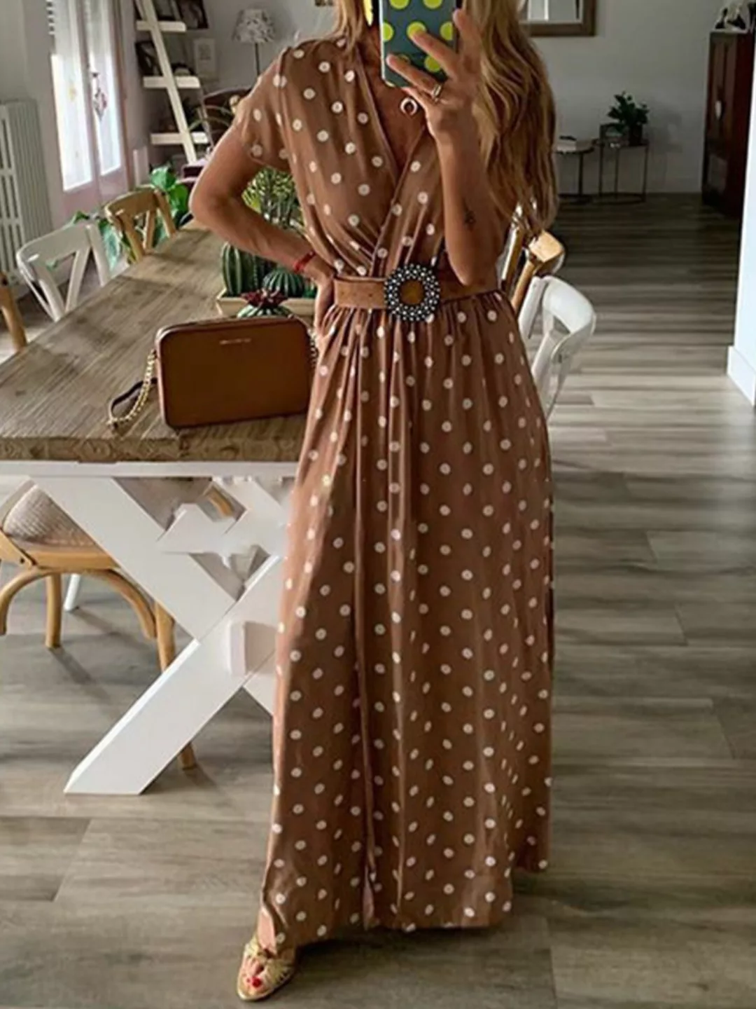 Kurzarm Cross Wrap Polka Dot Print Maxi Kleid Für Damen günstig online kaufen