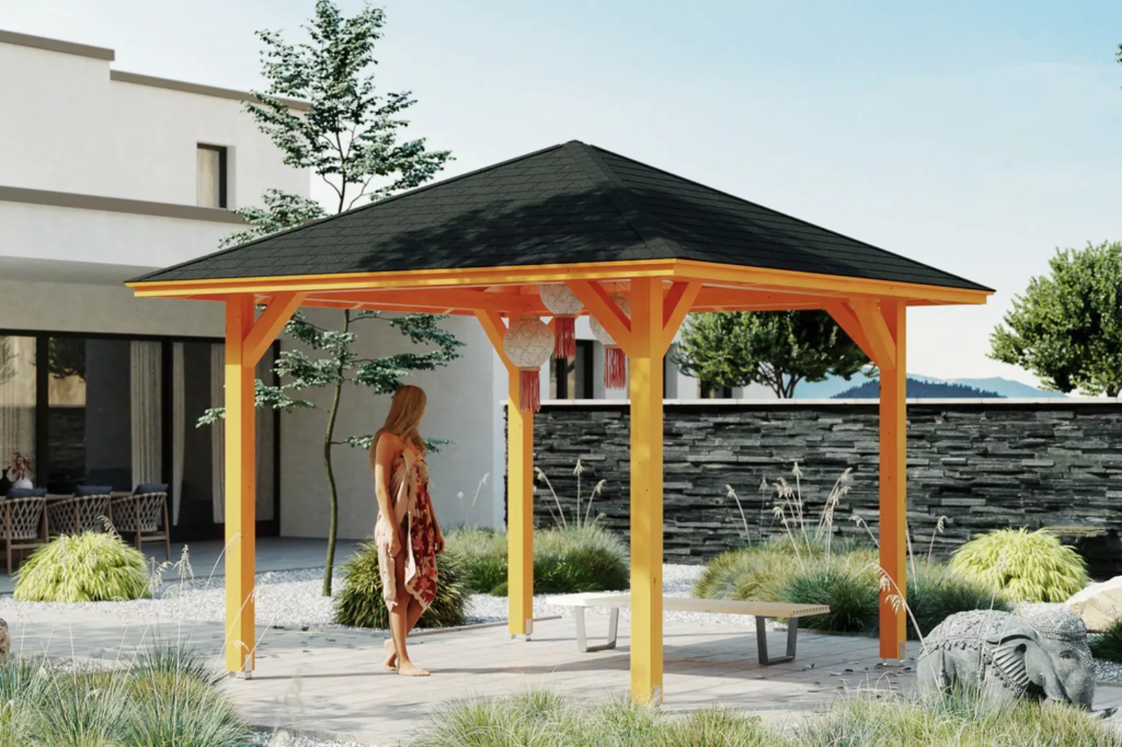 Skan Holz Holz-Pavillon Cannes 1 Nussbaum lasiert 294 cm x 294 cm günstig online kaufen