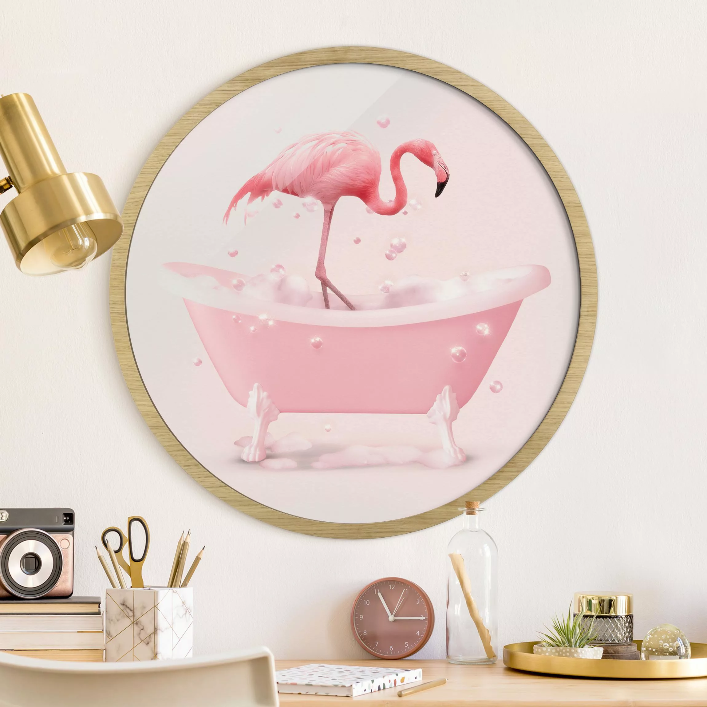 Rundes Gerahmtes Bild Badewannen Flamingo günstig online kaufen