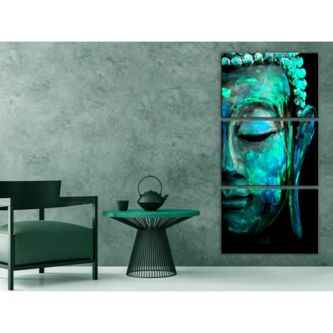 Leinwandbild Das Gesicht des Buddha - Fragment des Gesichts in grün-blauen günstig online kaufen