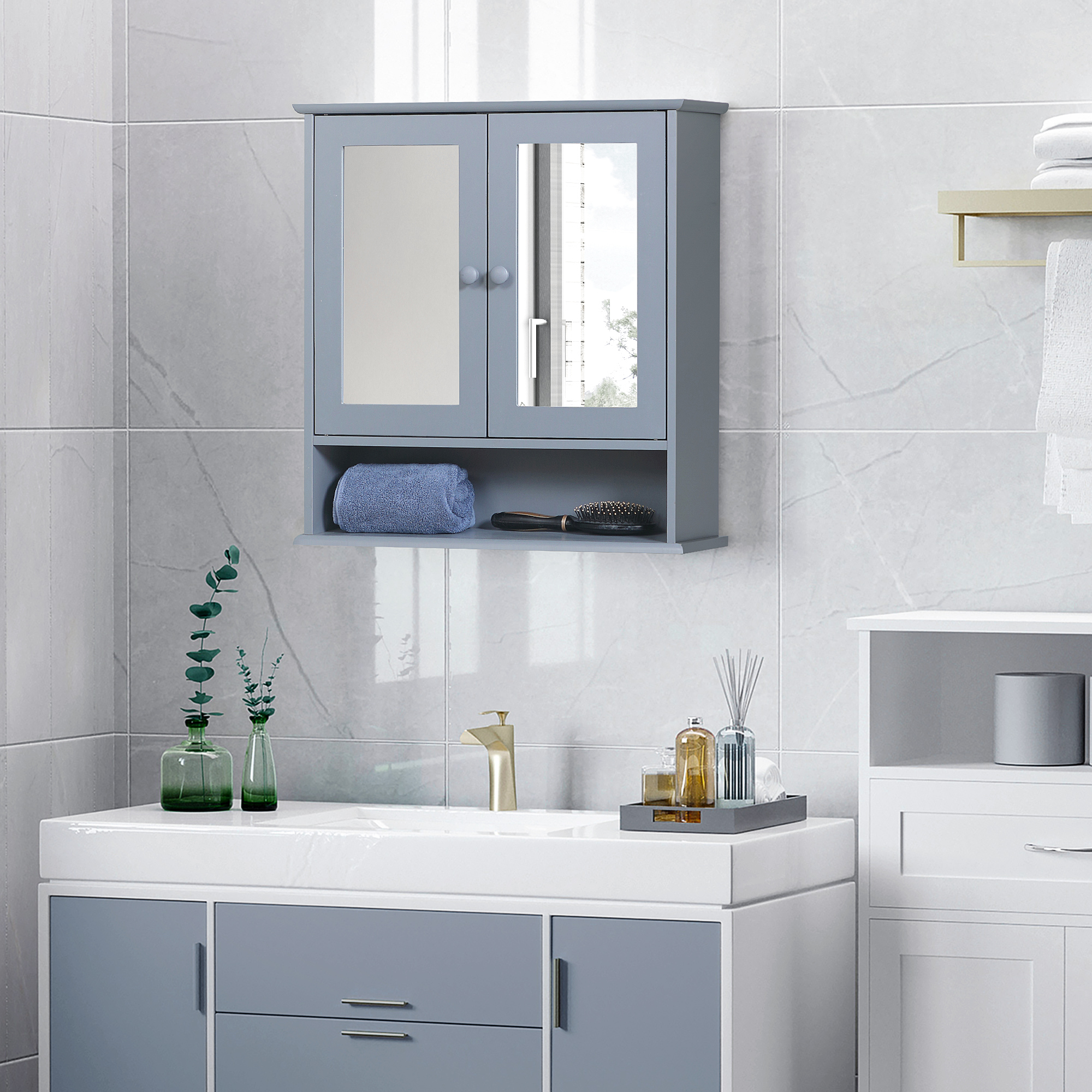 kleankin Wandspiegel mit Regal für Badezimmer 56L x 13B x 58H cm Doppeltüri günstig online kaufen