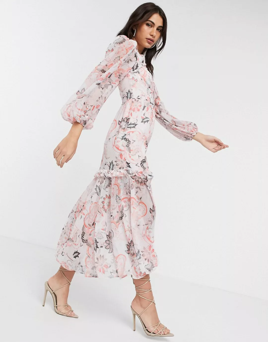 River Island – Langärmliges Kleid mit Paisley-Muster in Rosa günstig online kaufen