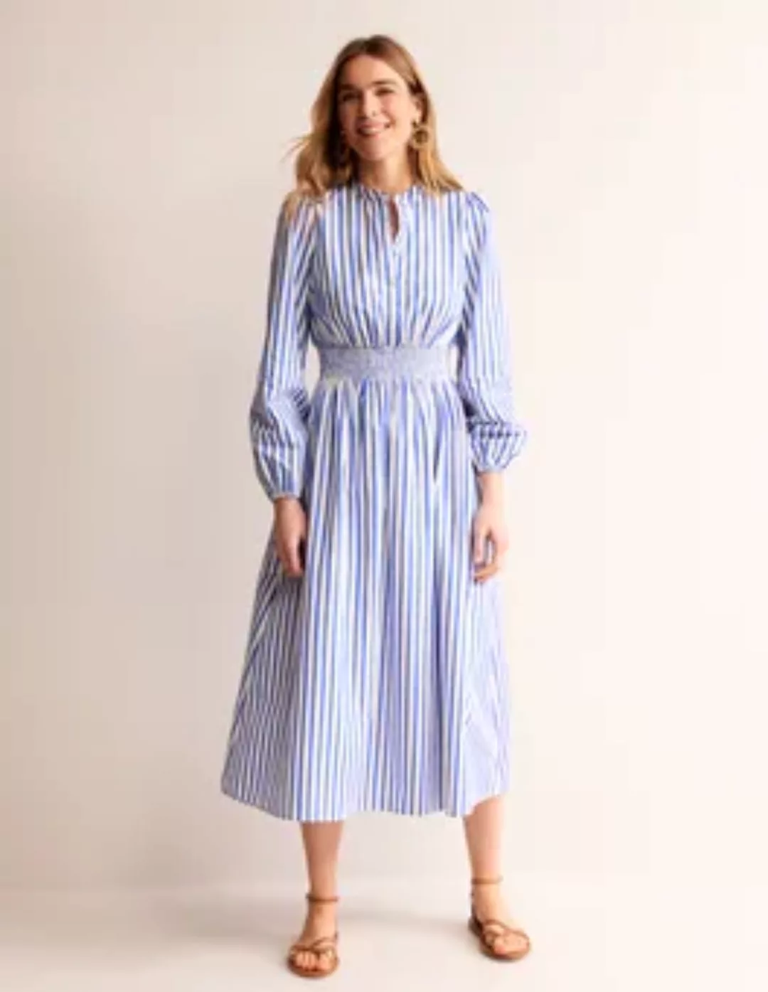 Hemdblusenkleid mit gesmokter Taille Damen Boden, Naturweiß und Blau gestre günstig online kaufen