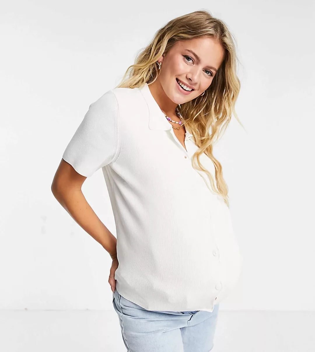 ASOS DESIGN Maternity – Kurzärmliger Pullover mit Kragendetail in Creme-Wei günstig online kaufen