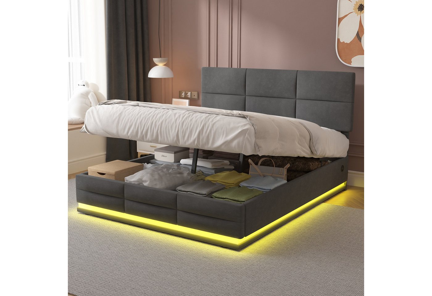 MODFU Polsterbett Stauraumbett mit LED-Lichtern und USB-Ladegerät (Weiche S günstig online kaufen