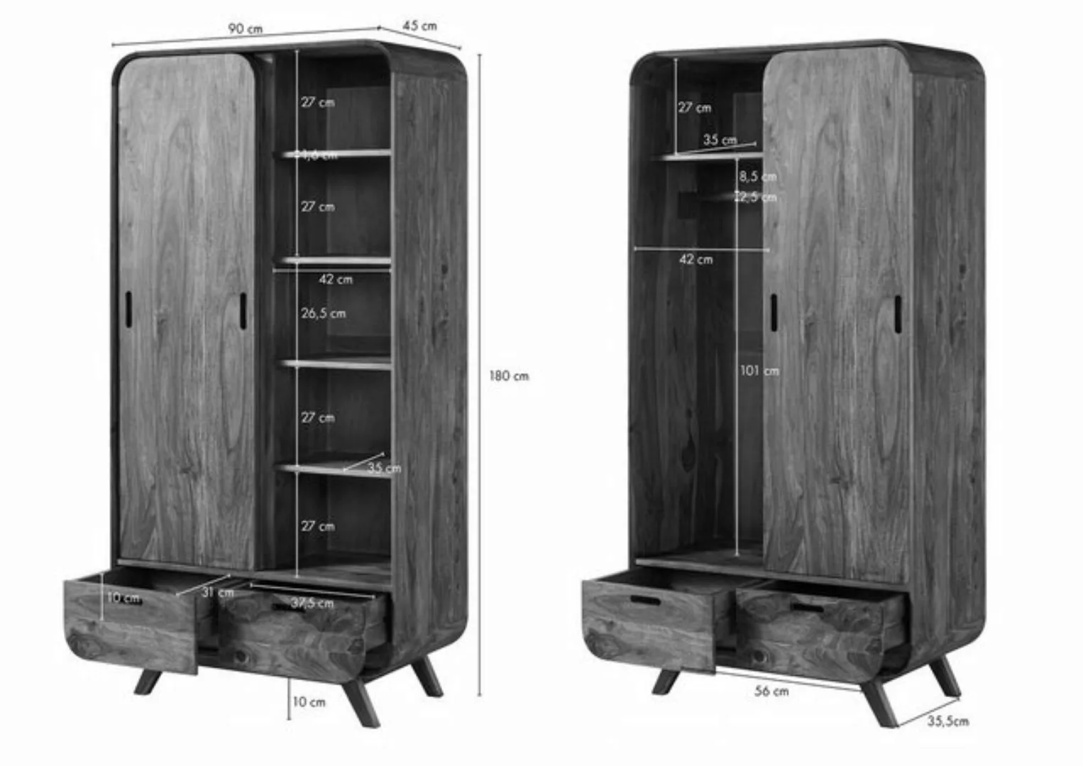 Massivmoebel24 Kleiderschrank Sheesham 90x45x180 dunkelbraun lackiert MAILA günstig online kaufen