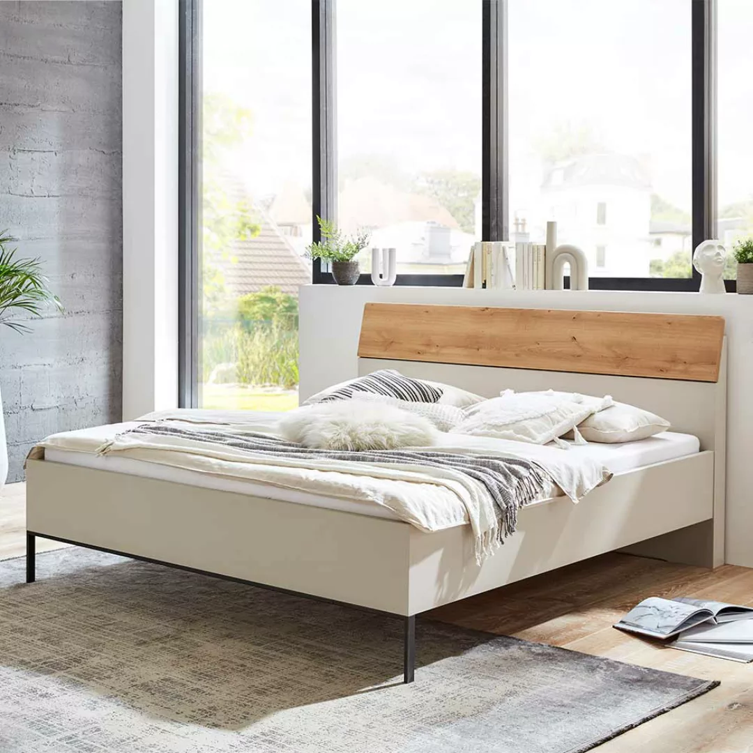 160 cm Doppelbett in Eiche Bianco und Beige Made in Germany günstig online kaufen