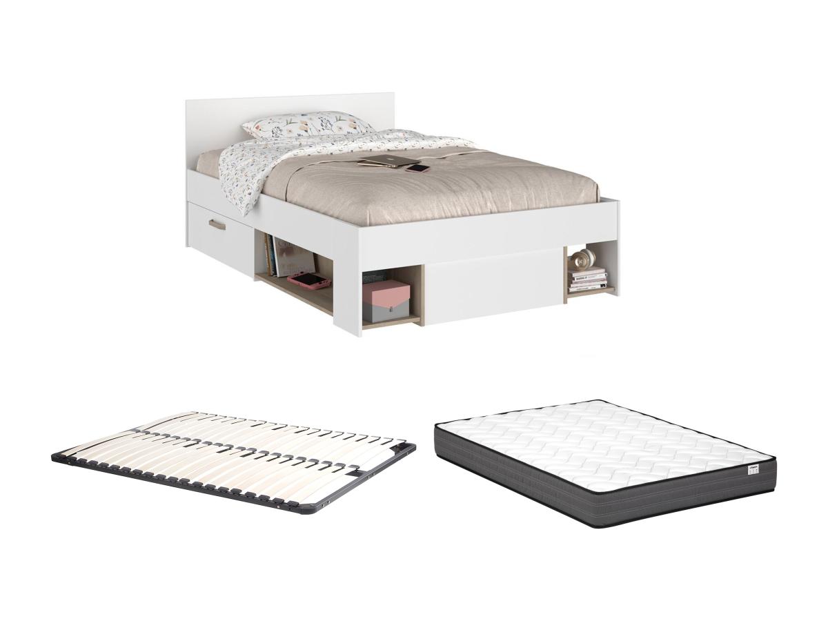 Bett mit Stauraum + Lattenrost + Matratze - 120 x 190 cm - Weiß & Holzfarbe günstig online kaufen