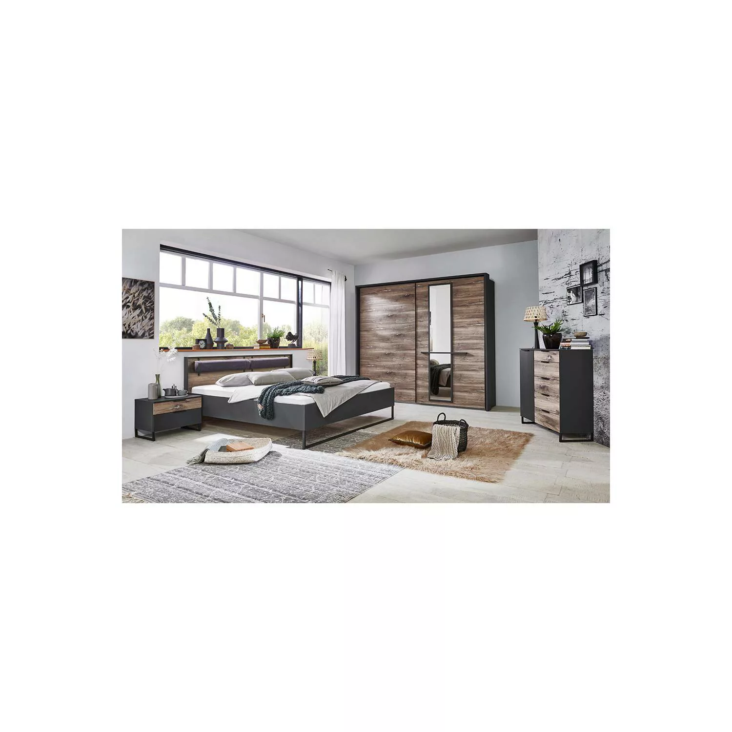 Schlafzimmer Set mit Passepartoutrahmen in graphit mit Flagstaff Eiche Nb. günstig online kaufen