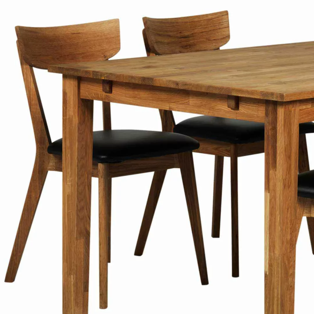 4 Stühle und Esstisch aus Eiche Massivholz Kunstleder Schwarz (fünfteilig) günstig online kaufen