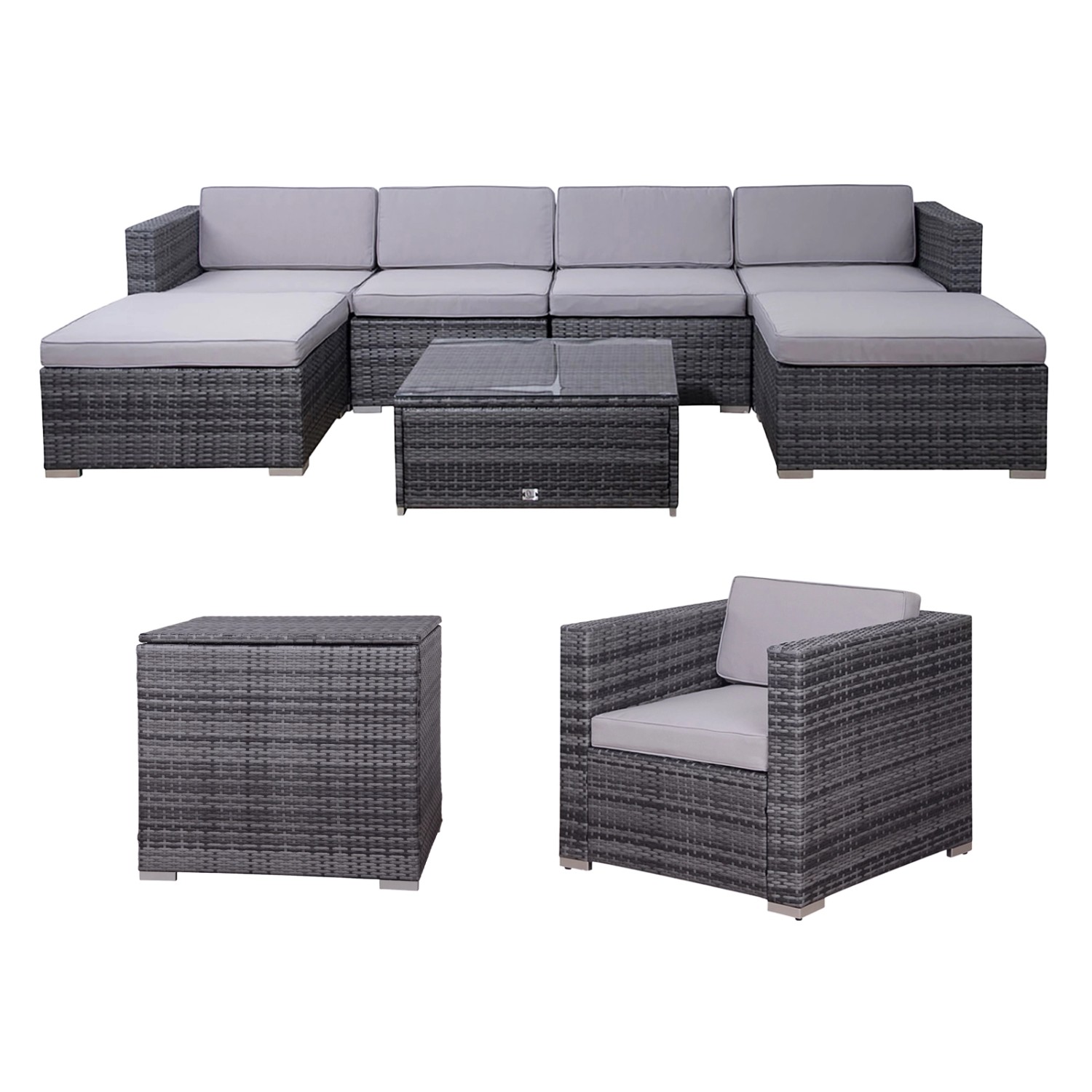Svita Lugano XL Gartenlounge Polyrattan Sessel Tisch Bank Kissenbox Grau günstig online kaufen