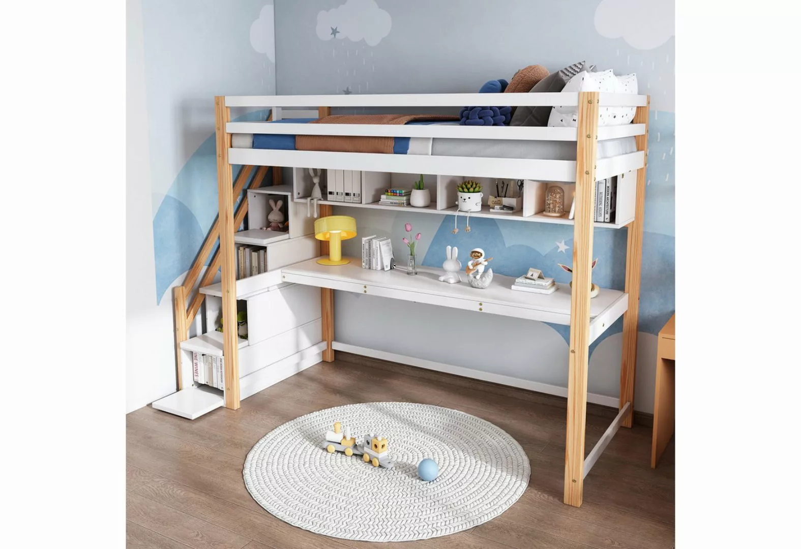 KoDise Hochbett Kinderbett 90*200 Stauraumbett mit Schreibtisch und Regale, günstig online kaufen