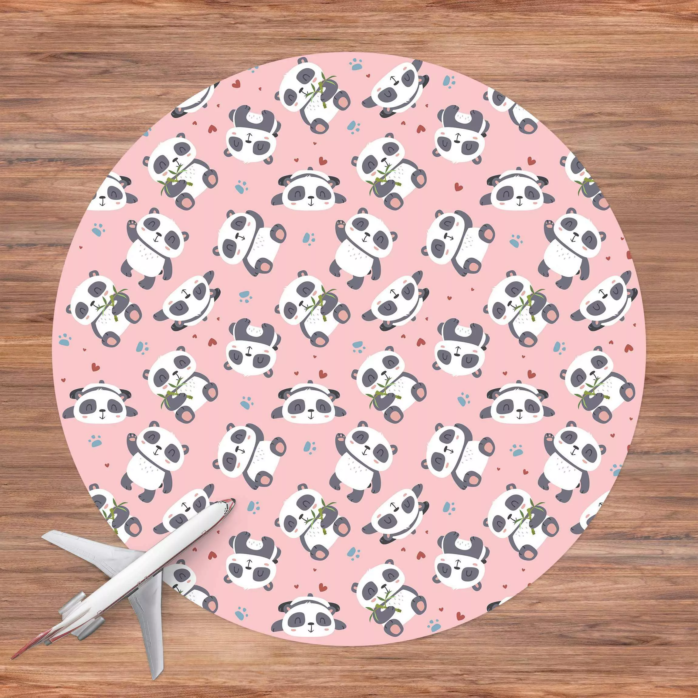 Runder Vinyl-Teppich Süße Pandabären mit Tapsen und Herzen Pastellrosa günstig online kaufen