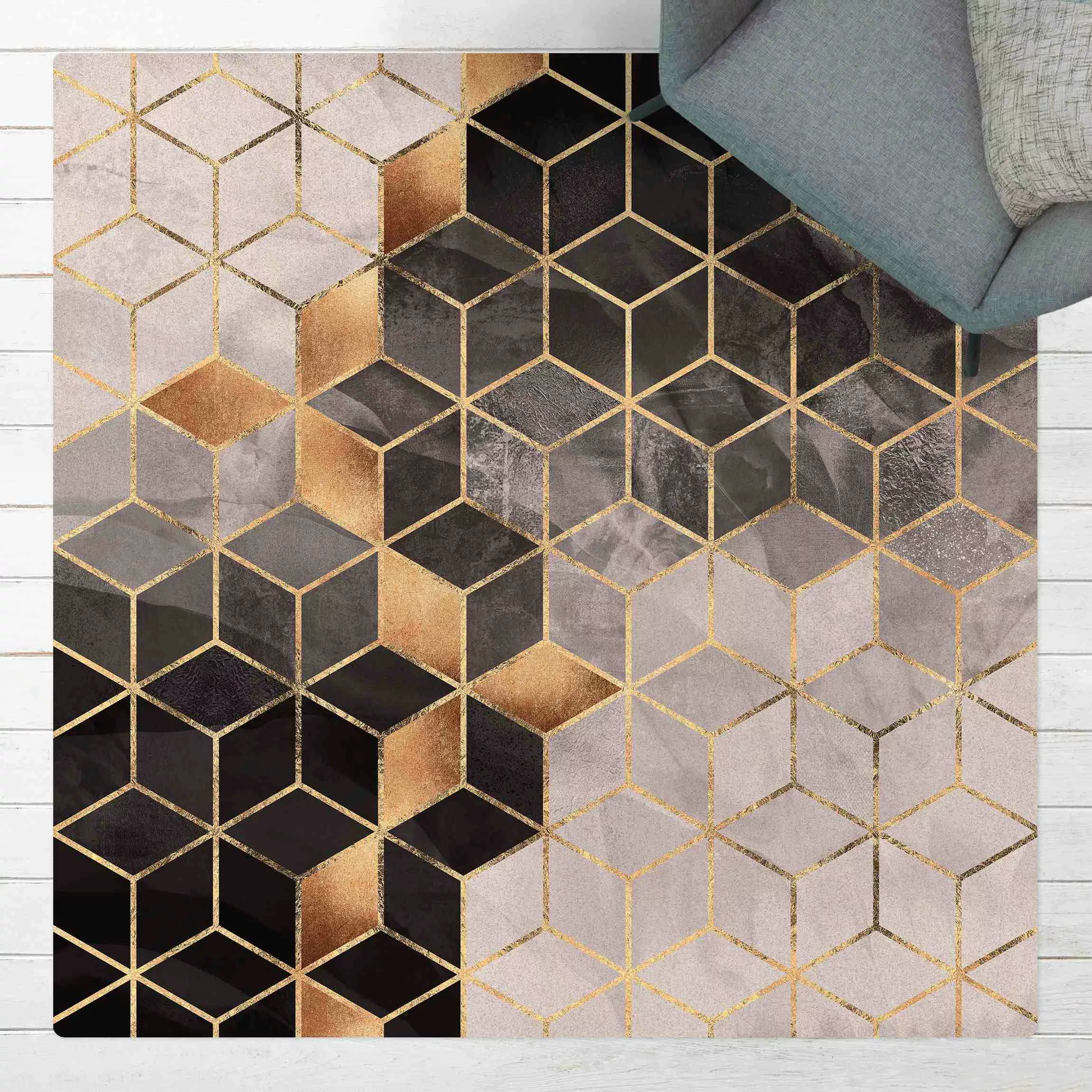 Kork-Teppich Schwarz Weiß goldene Geometrie günstig online kaufen