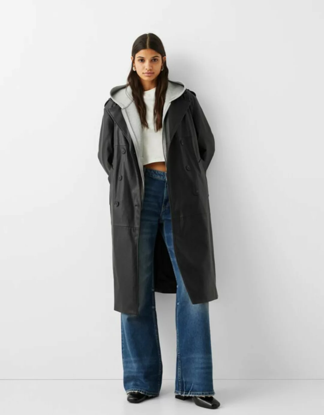 Bershka Trenchcoat Aus Kunstleder Damen M Schwarz günstig online kaufen