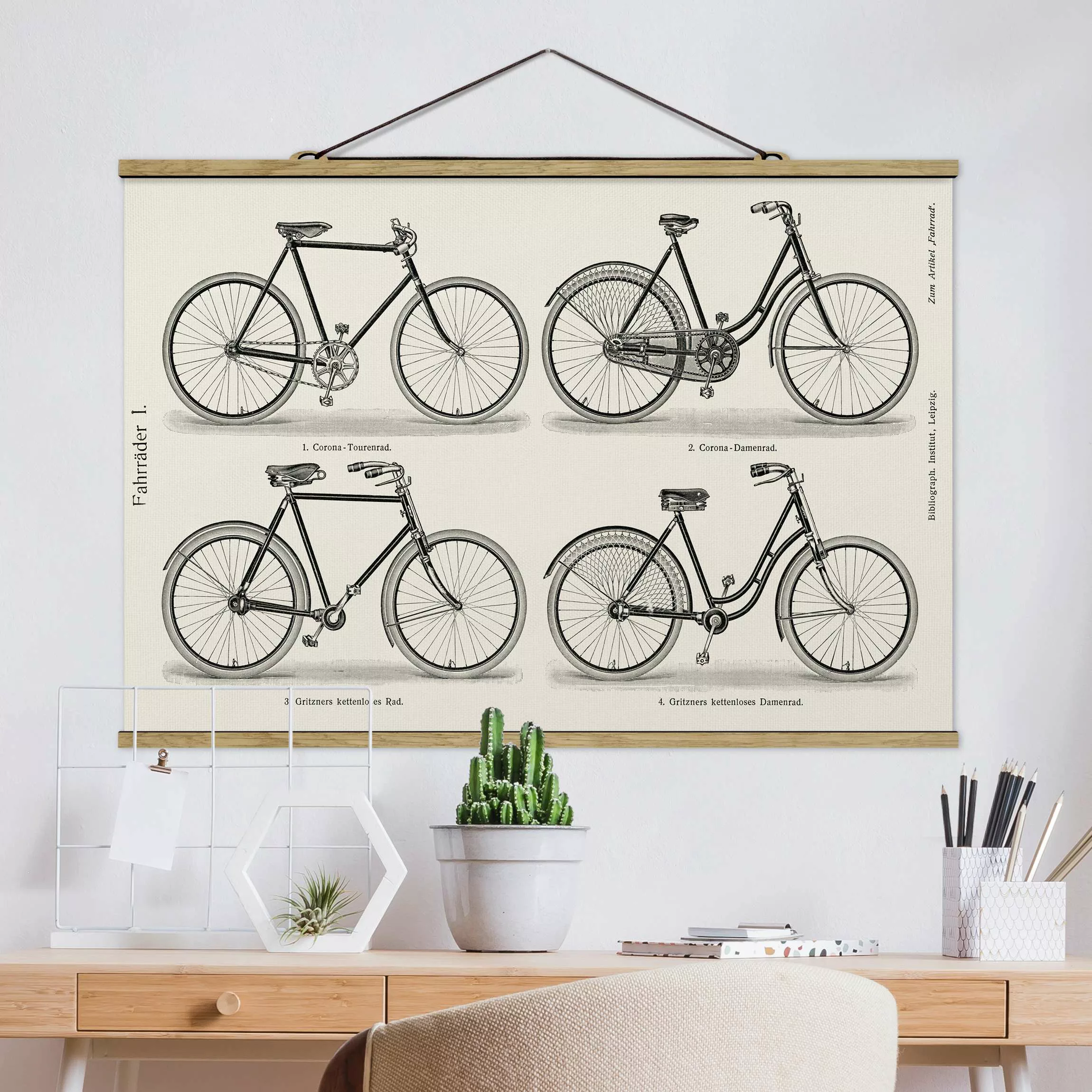 Stoffbild mit Posterleisten - Querformat Vintage Schautafel Fahrräder günstig online kaufen