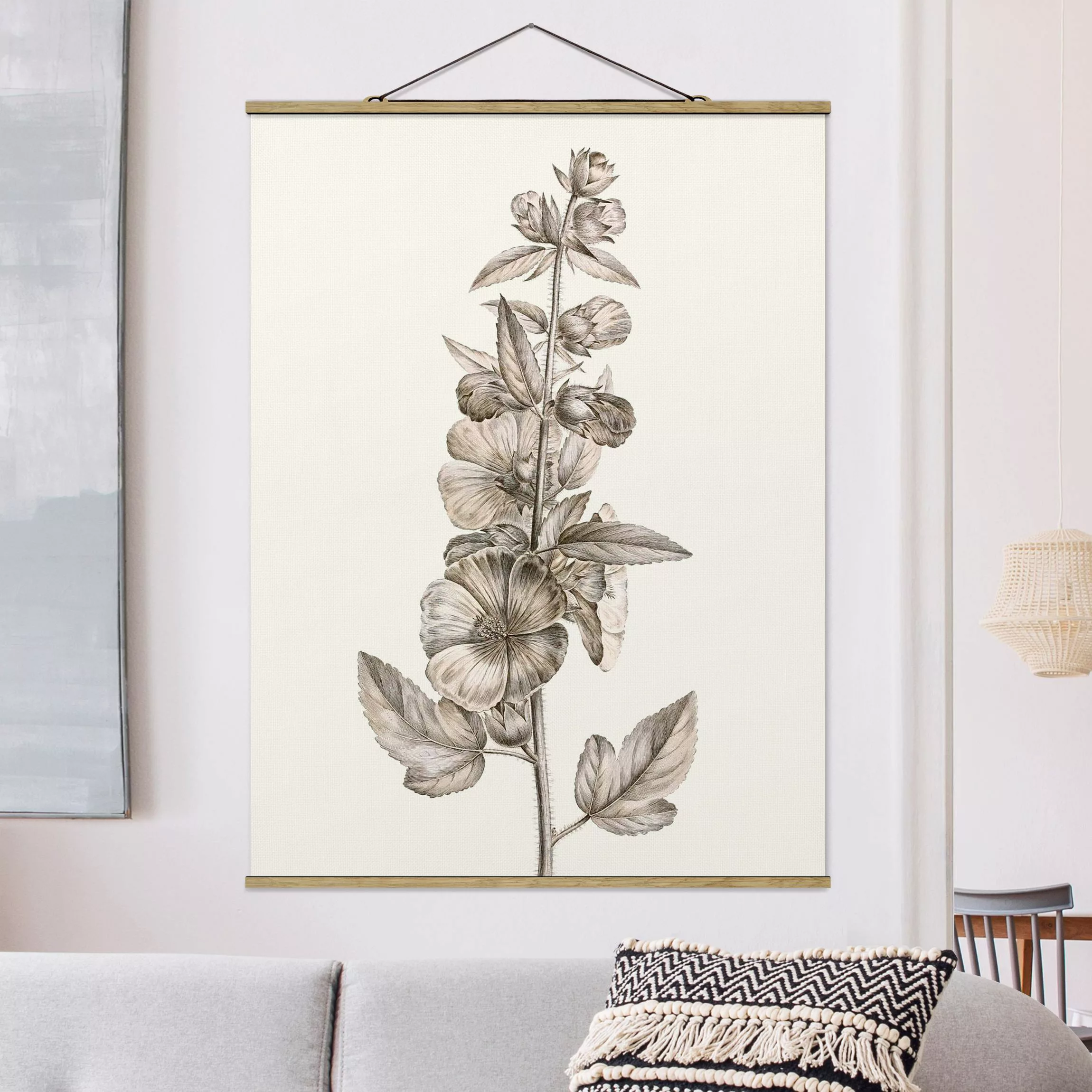 Stoffbild Blumen mit Posterleisten - Hochformat Botanische Studie in Sepia günstig online kaufen