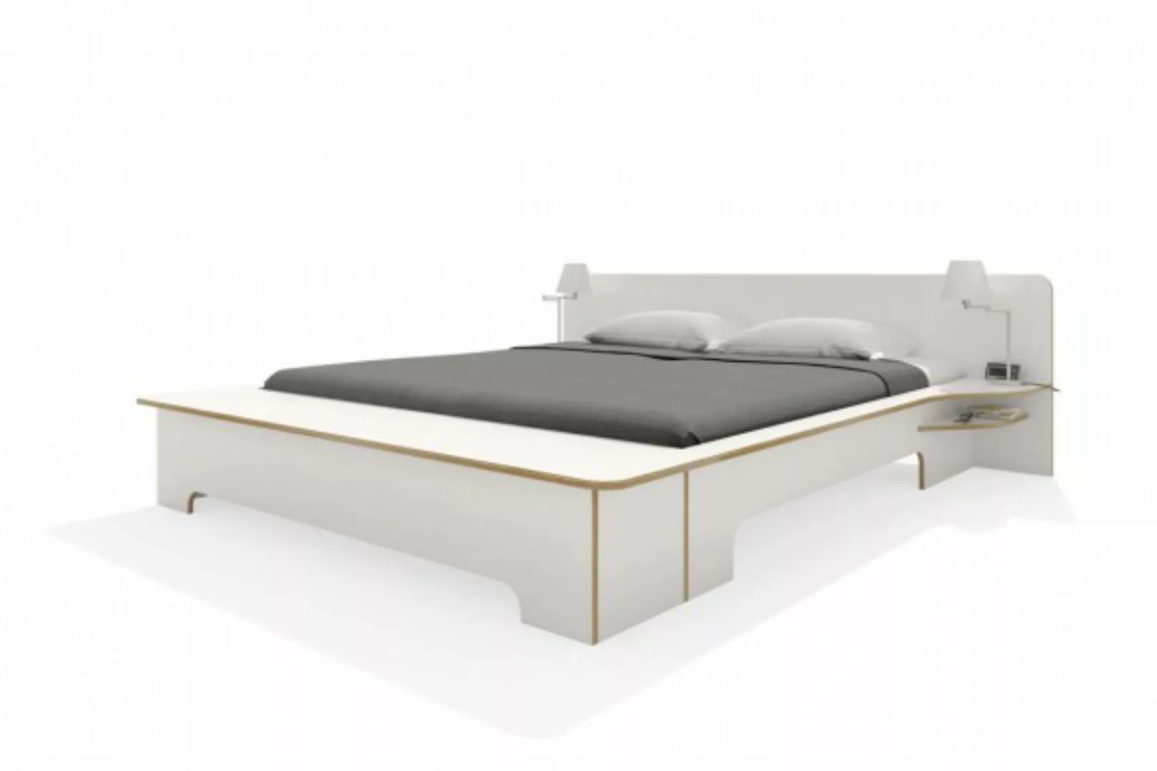 PLANE Doppelbett Weiß mit Birkenkante 200 x 200 cm mit Bettkasten günstig online kaufen