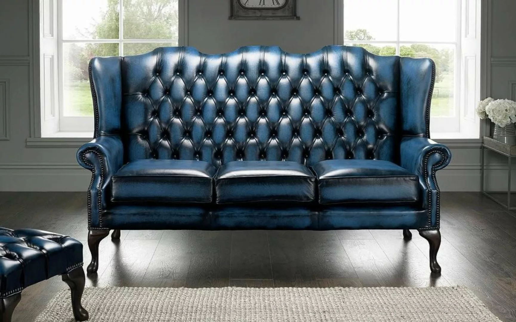 Xlmoebel Sofa Chesterfield Ledercouch Blau - 3-Sitzer Sofa mit Polsterung, günstig online kaufen