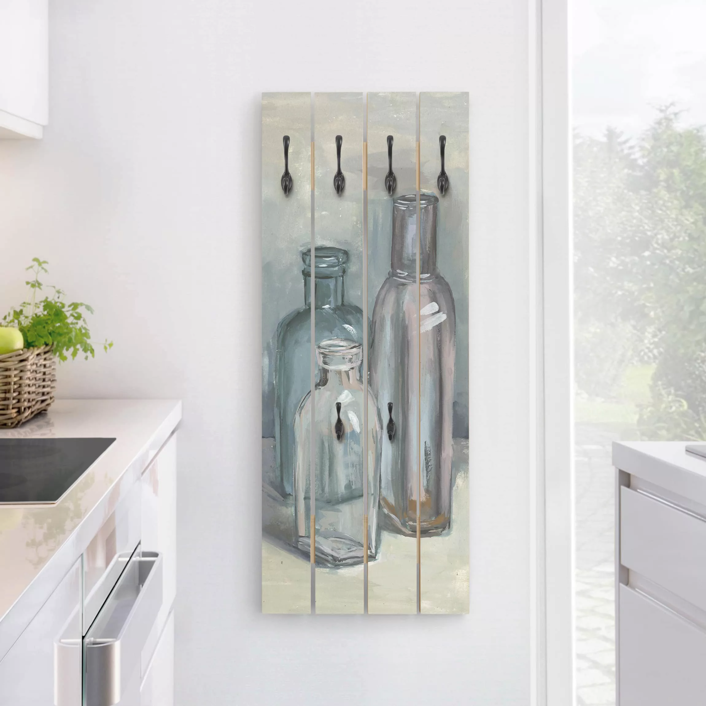 Wandgarderobe Holzpalette Kunstdruck Stillleben mit Glasflaschen I günstig online kaufen