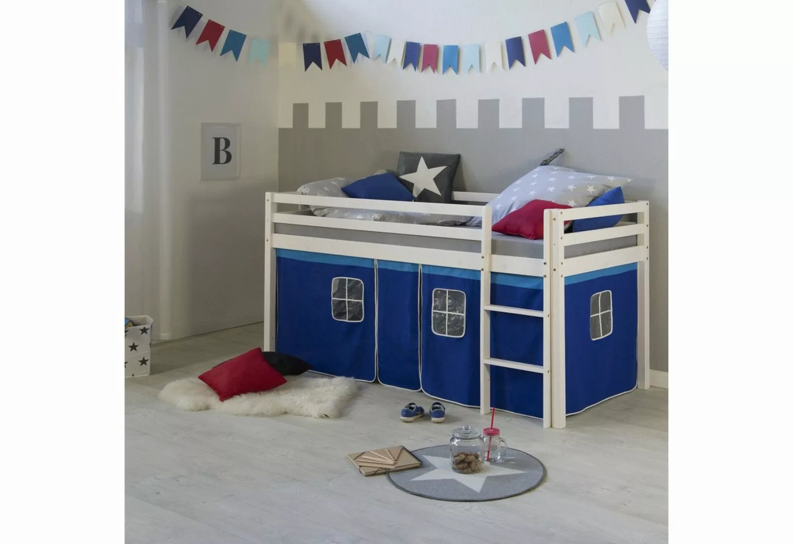 Homestyle4u Hochbett 90x200 cm Stockbett Kinderbett Holz Kiefer Weiß Blau m günstig online kaufen