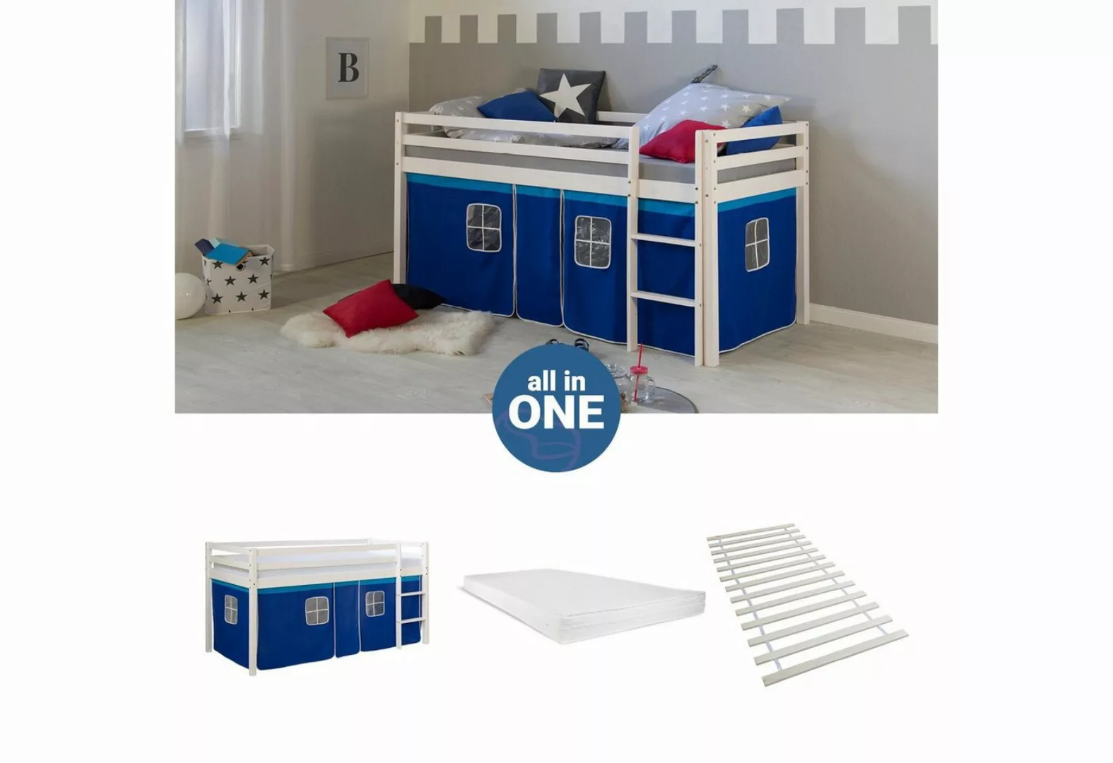 Homestyle4u Hochbett Kinderbett Matratze Rutsche Turm Blau Tunnel günstig online kaufen