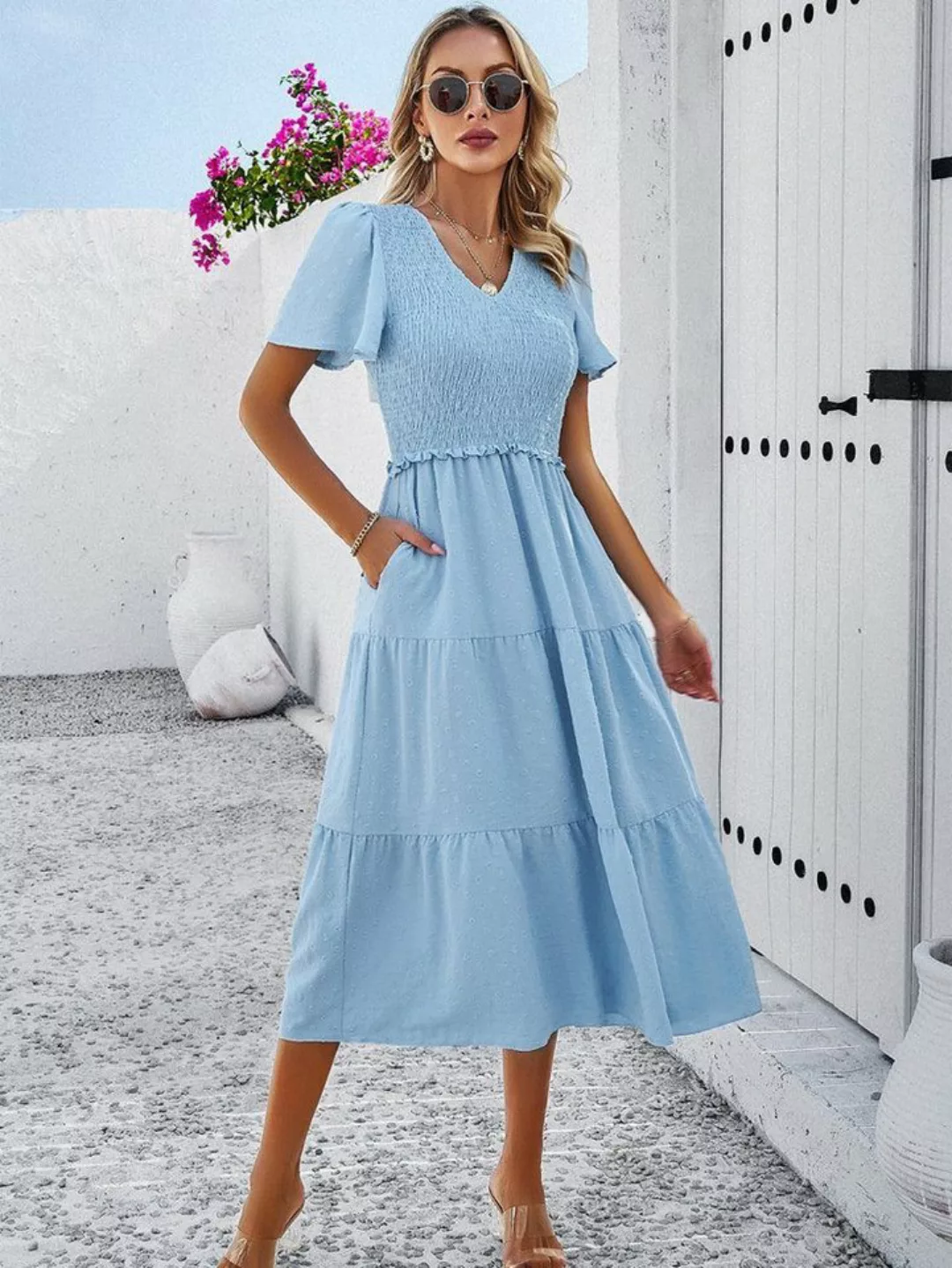 ZWY Dirndl Kleid, lässiges einfarbiges Kleid mit V-Ausschnitt (1-tlg) günstig online kaufen