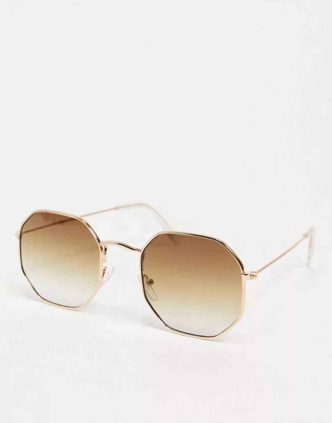 ASOS DESIGN – Sechseckige Metall-Sonnenbrille in Gold mit Gläsern mit braun günstig online kaufen