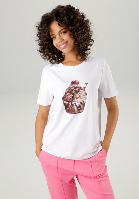 Aniston CASUAL T-Shirt mit Glitzersteinchen verzierter Cupcake-Frontdruck günstig online kaufen