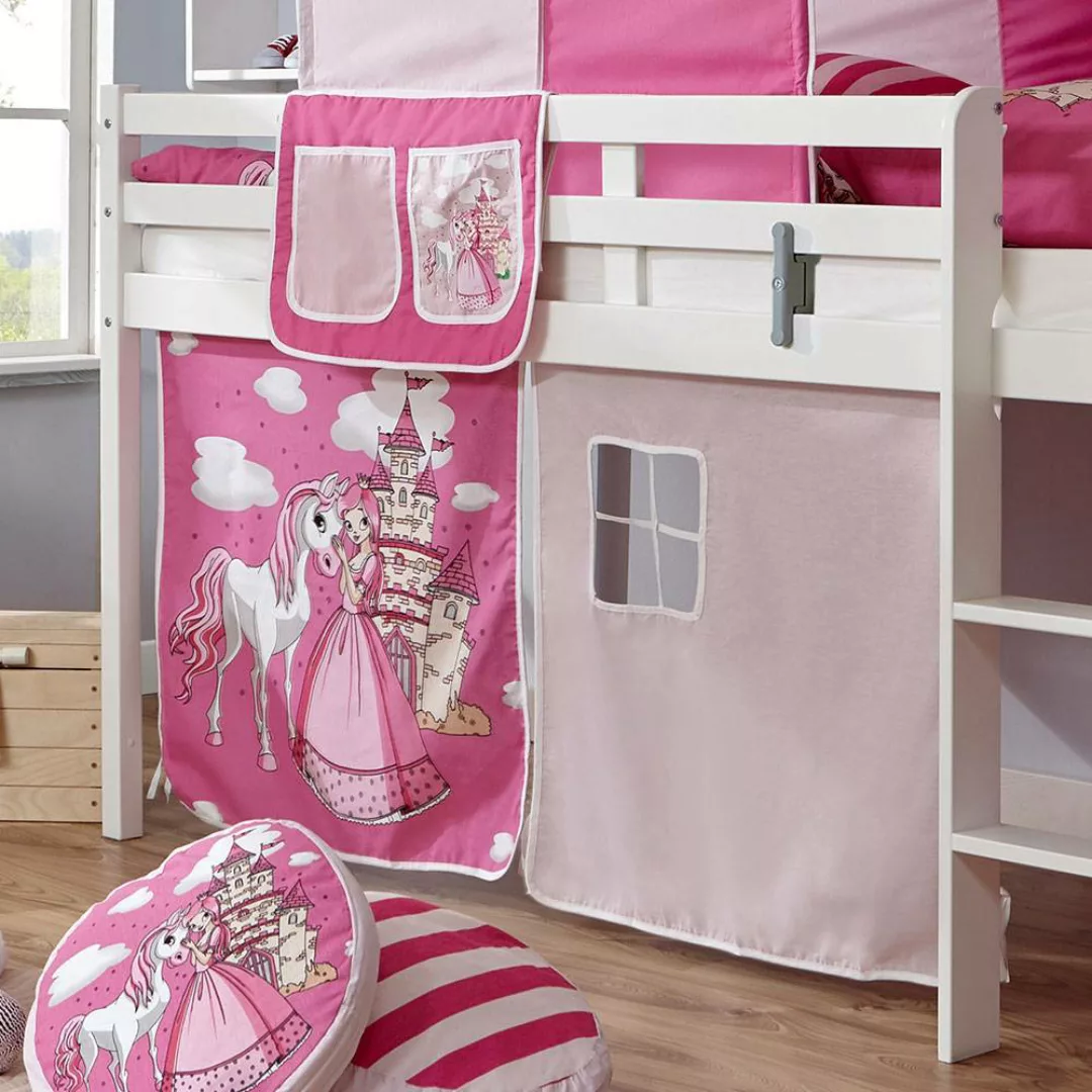 Kinderhochbett in Weiß Pink und Rosa Prinzessin Motiv günstig online kaufen