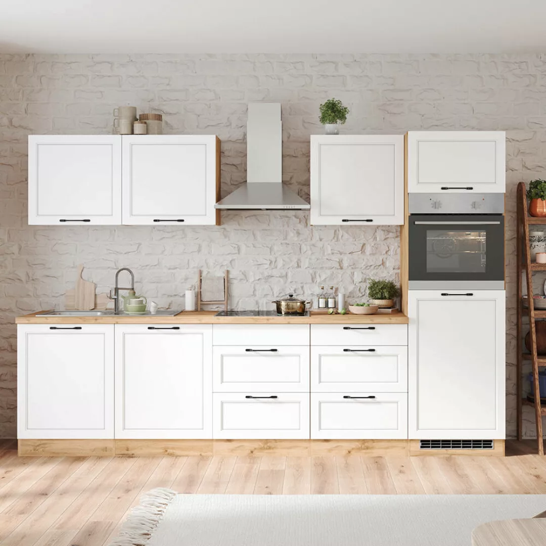 Küchenzeile 300 cm mit E-Geräten in weiß und Eiche, Arbeitsplatte in Eiche, günstig online kaufen