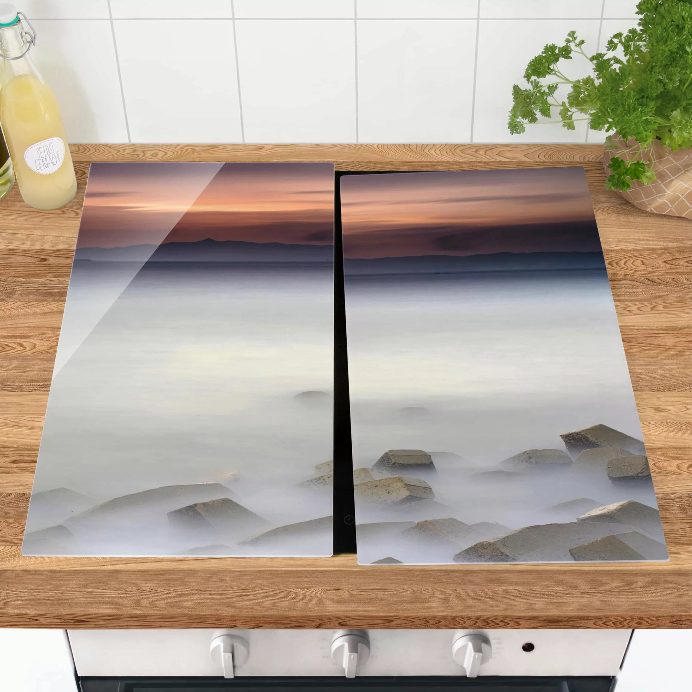 2-teilige Herdabdeckplatte Glas Natur & Landschaft Sonnenuntergang im Nebel günstig online kaufen