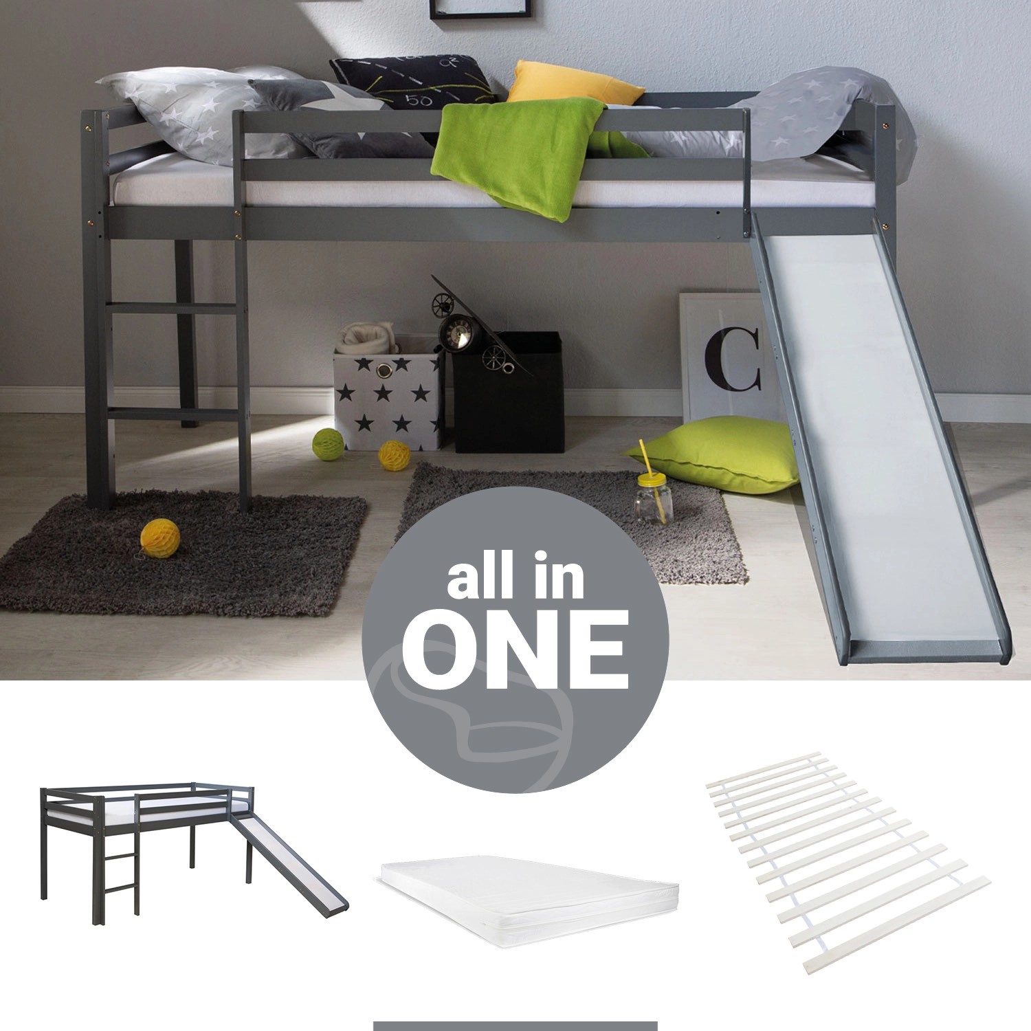 Homestyle4u Kinderbett 90x200 mit Lattenrost Matratze und Rutsche in Grau 2 günstig online kaufen