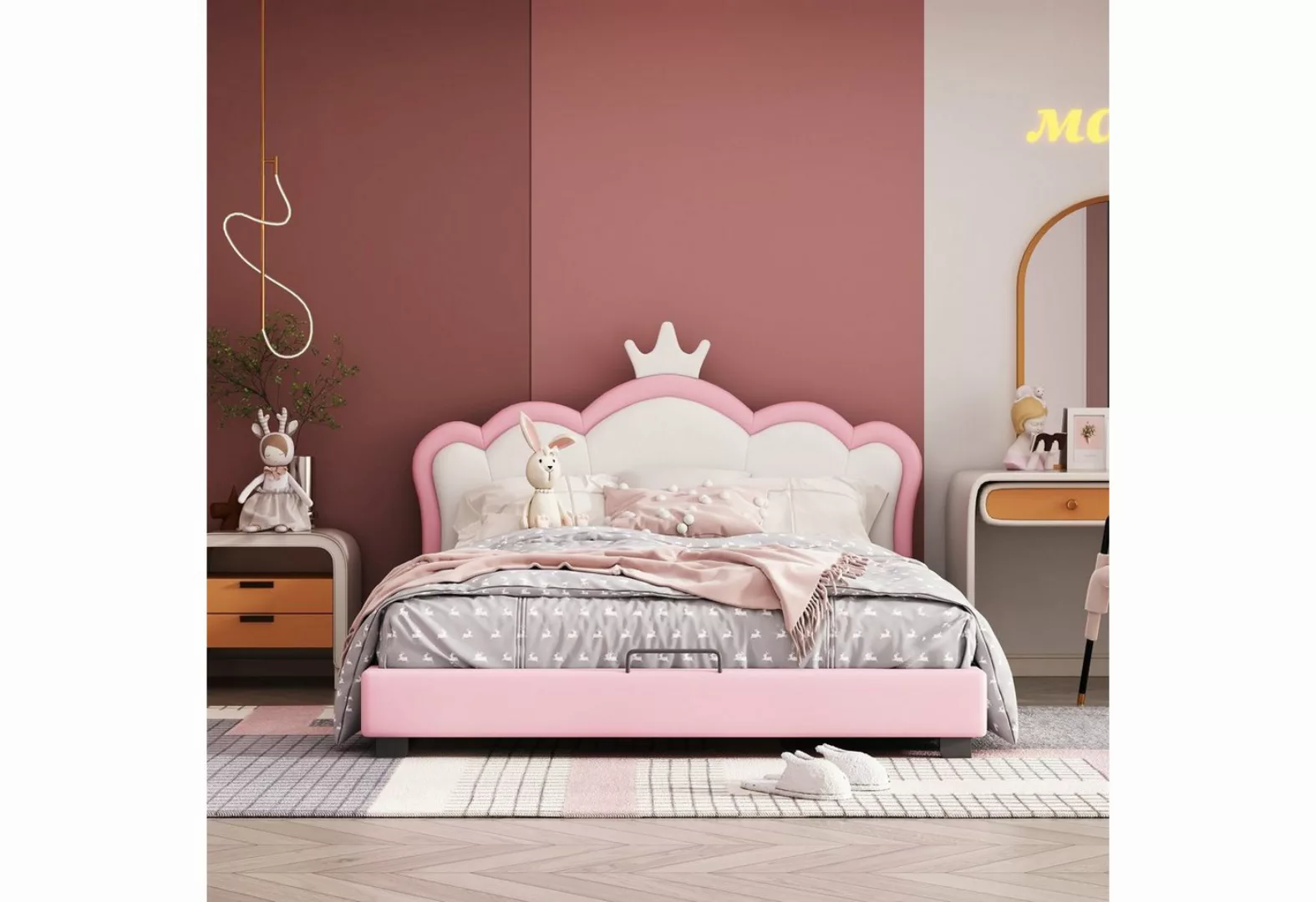 Fangqi Polsterbett Polsterbett mit rosafarbenem Kopfteil mit Kronenrand – m günstig online kaufen