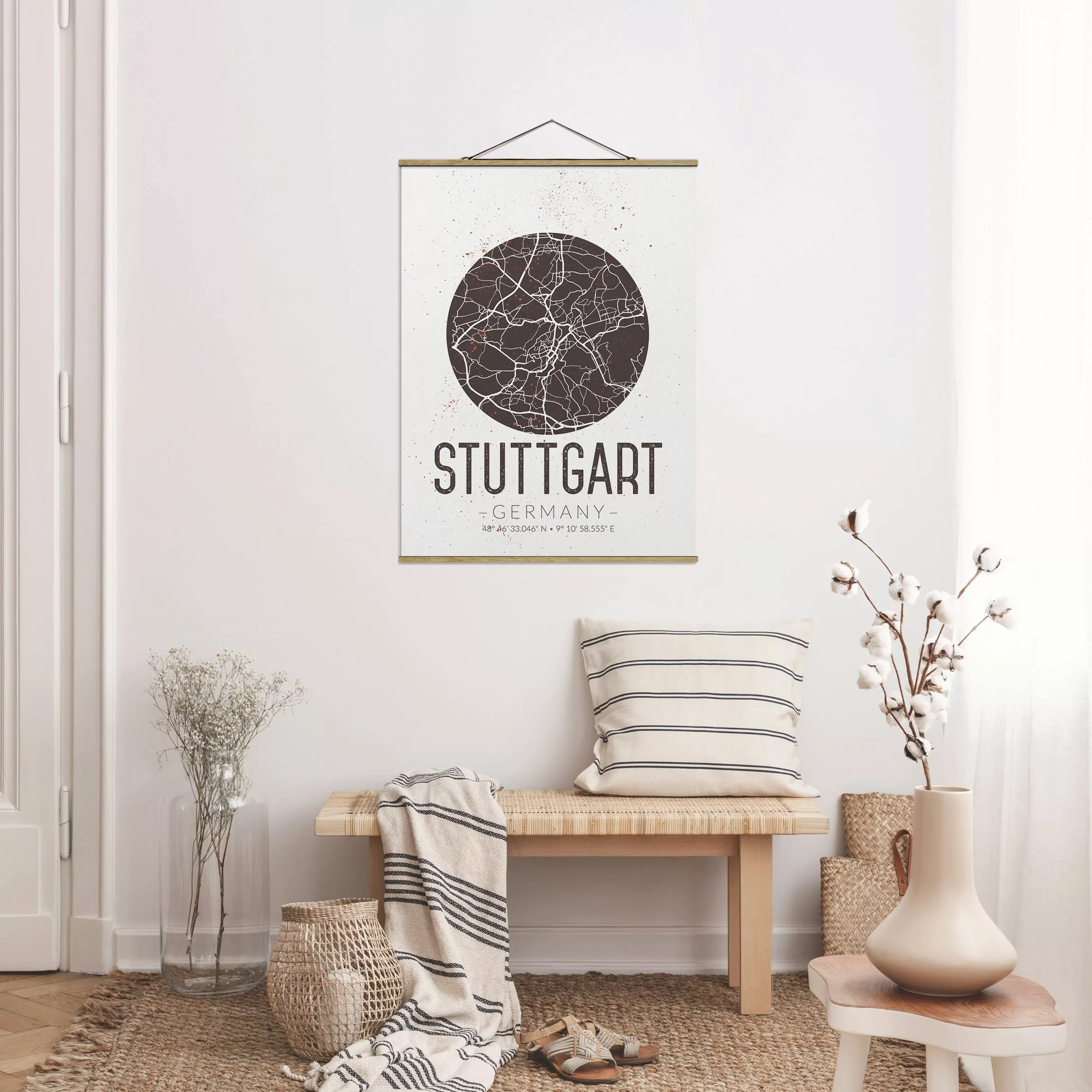 Stoffbild Karten mit Posterleisten - Hochformat Stadtplan Stuttgart - Retro günstig online kaufen