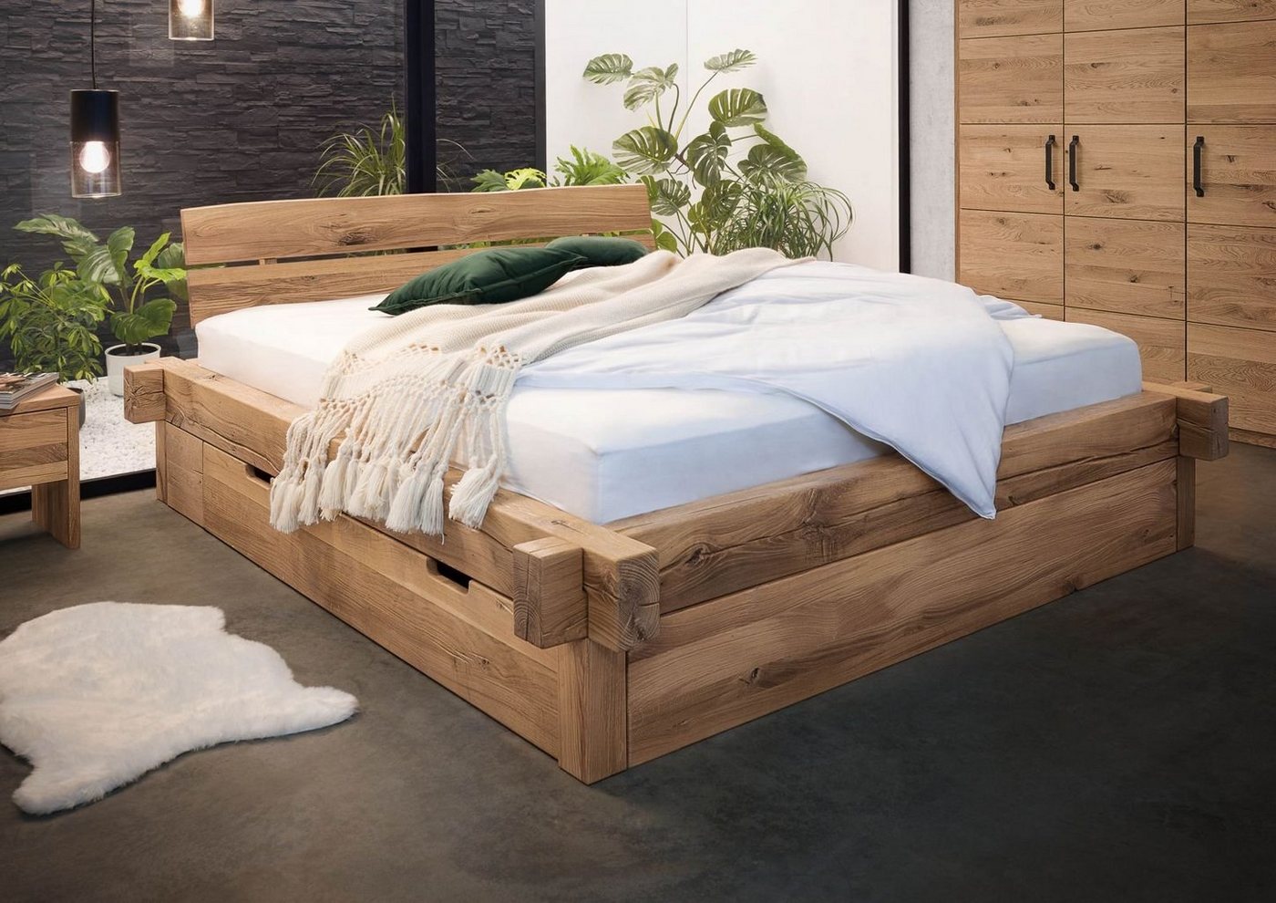 Massivmoebel24 Massivholzbett Balkenbett mit Bettkasten Wildeiche 180x200 b günstig online kaufen