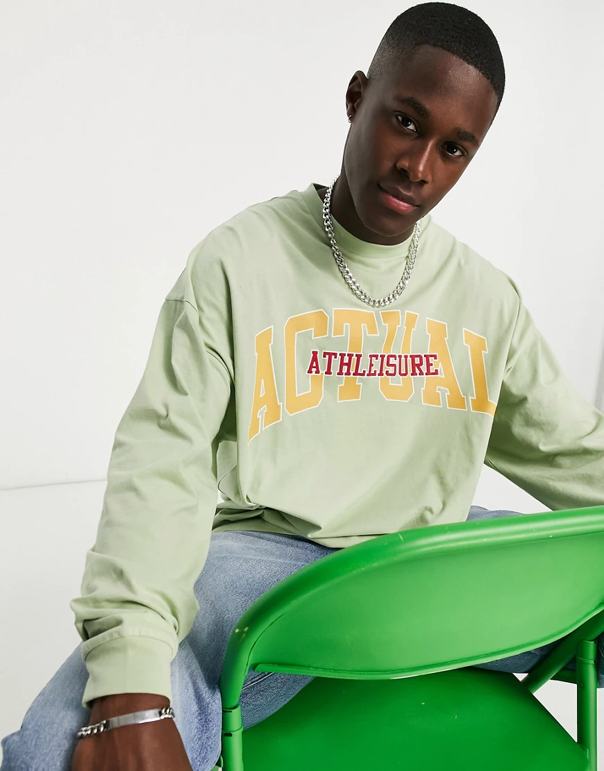ASOS Actual – Langärmliges Oversize-Shirt in Hellgrün mit Logoprint günstig online kaufen