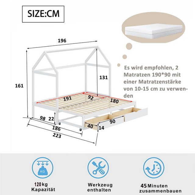 IDEASY Jugendbett Kinderbett, 90/180 x 190 cm, ausziehbar, mit 2 Schubladen günstig online kaufen