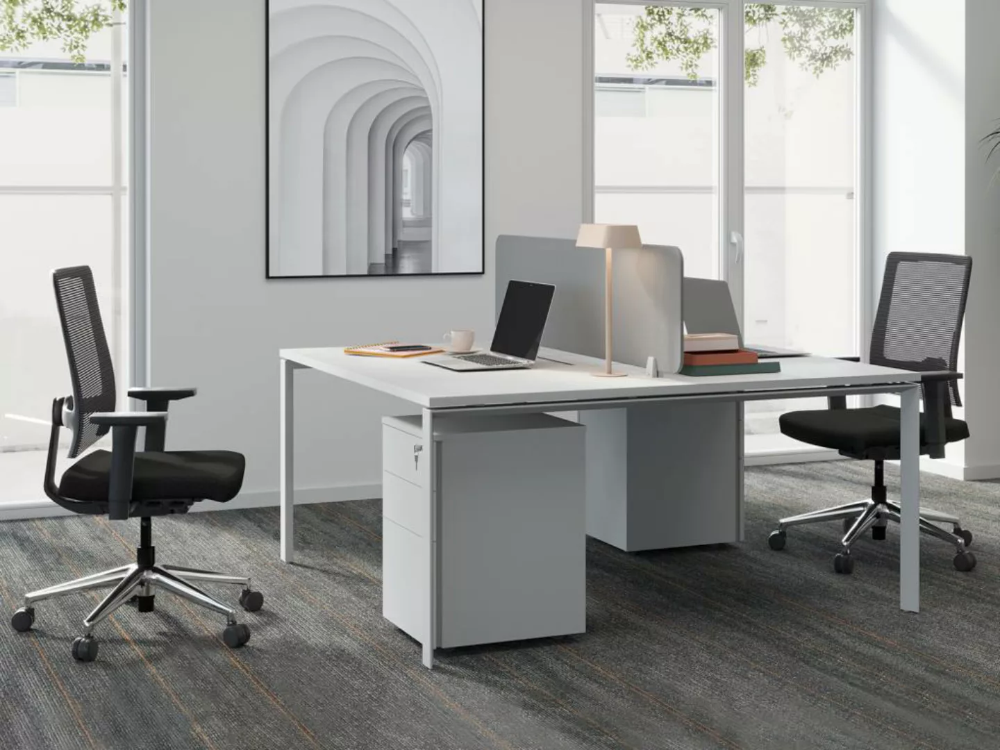 Schreibtisch Bench-Tisch für 2 Personen + Trennwand - L. 140 cm - Weiß - DO günstig online kaufen